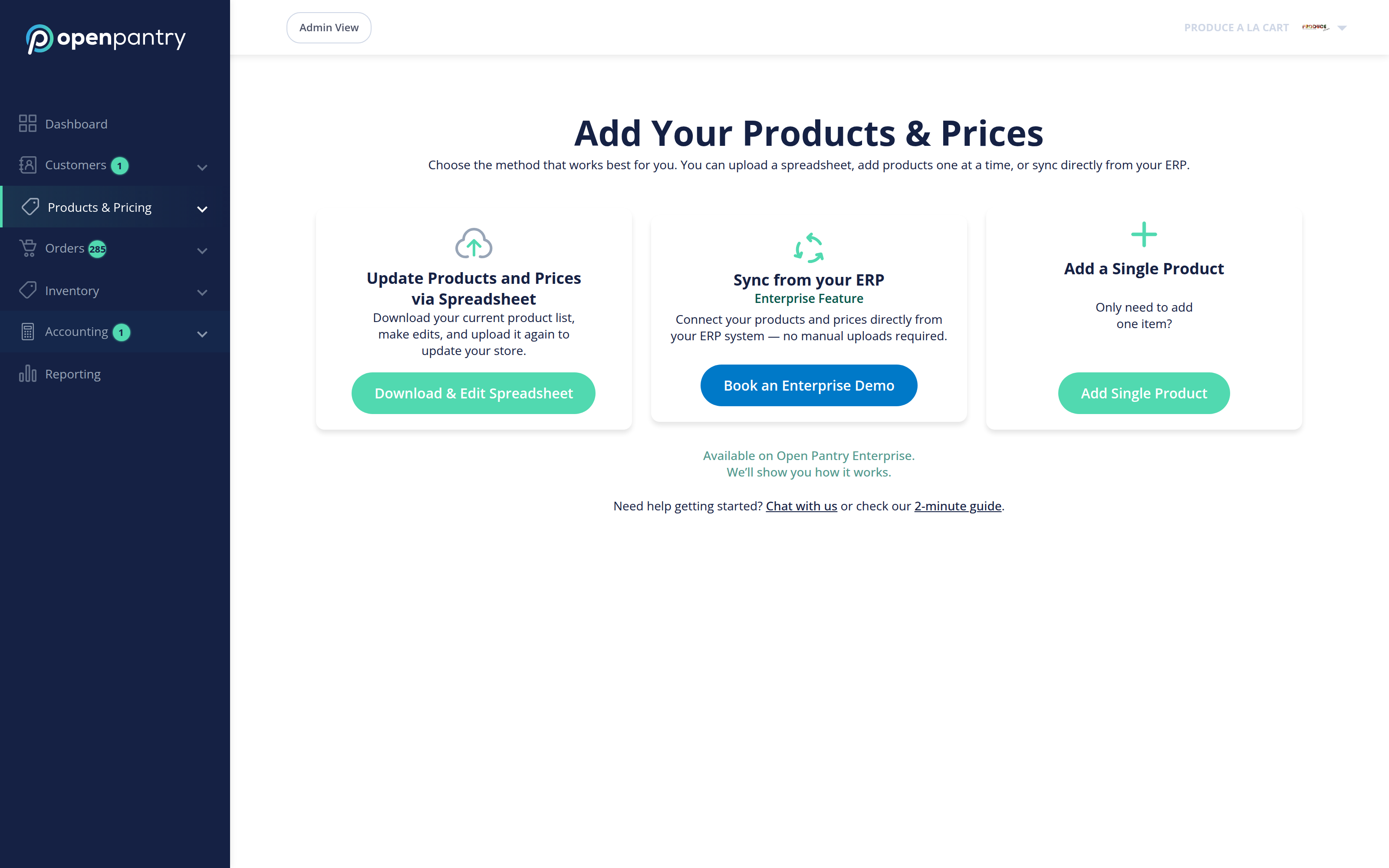 The Add Your Products and Prices screen, showing the Download and Edit Spreadsheet option