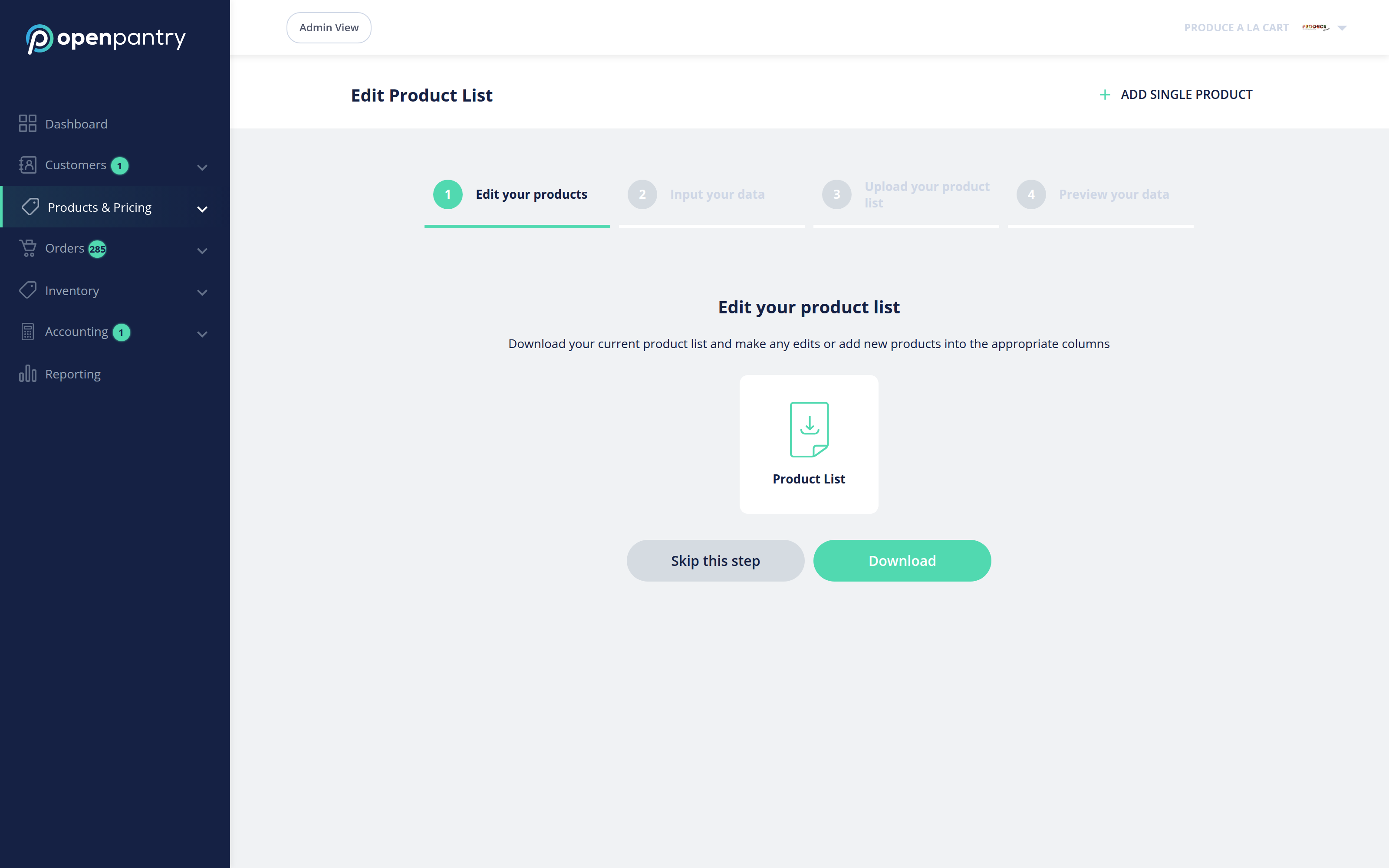 Step 1 of the importer: download your current product list