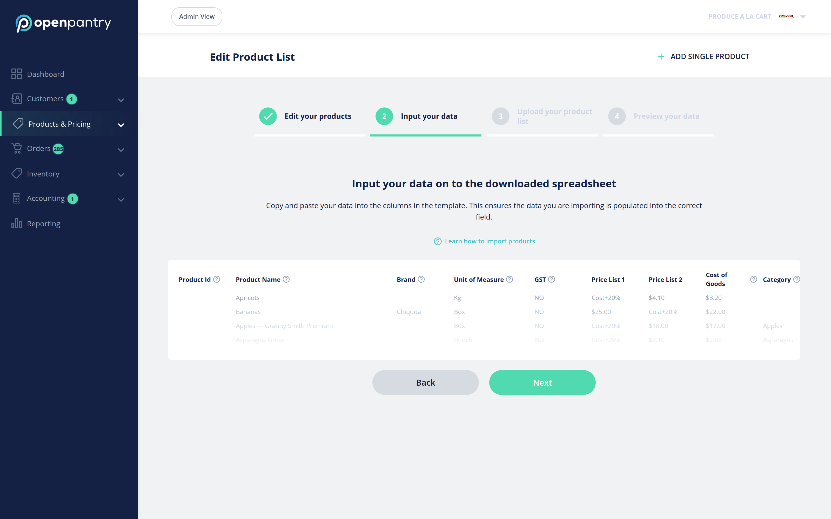 Step 2 of the importer: input your data into the template columns