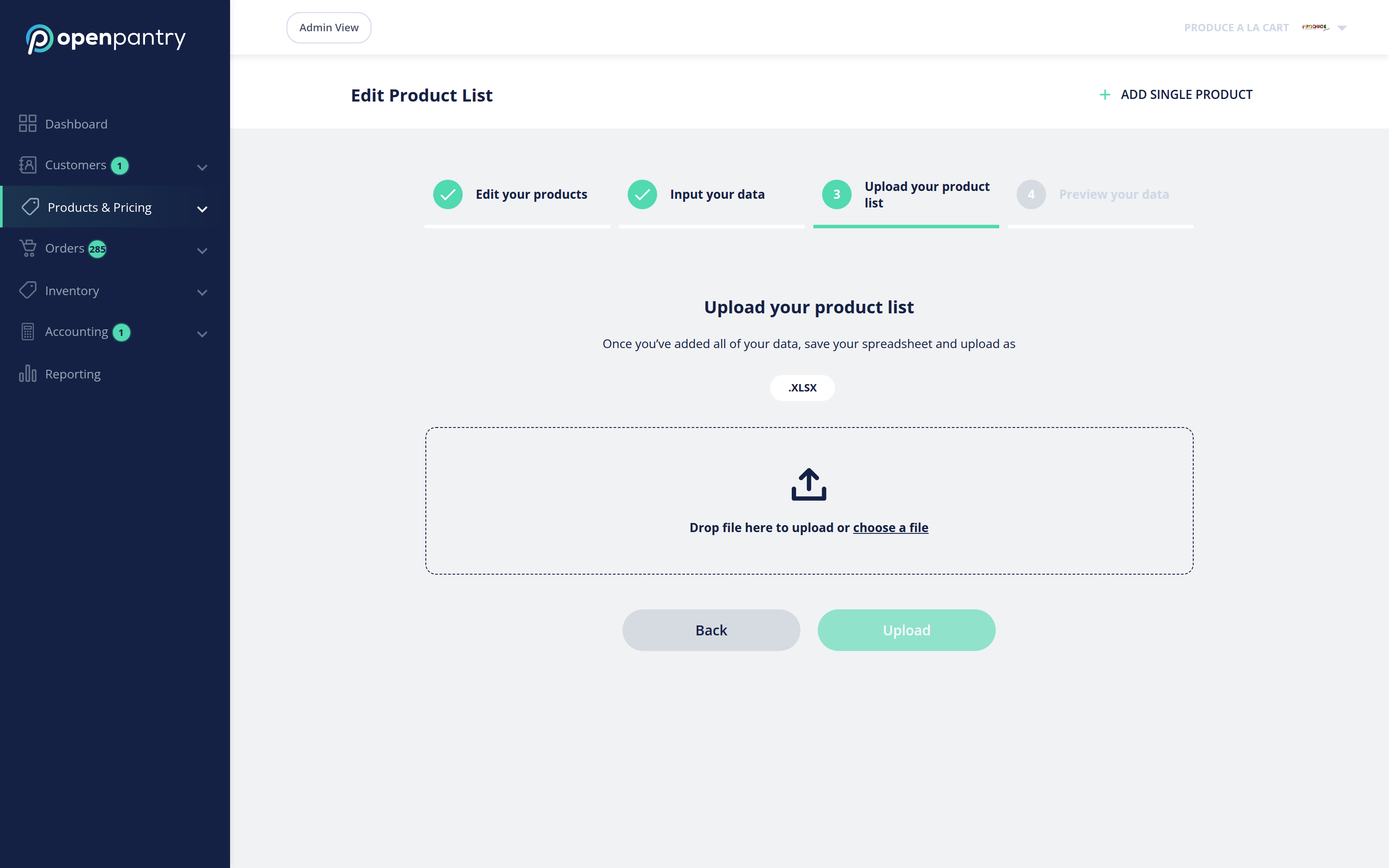 Step 3 of the importer: upload your completed product list as an XLSX file
