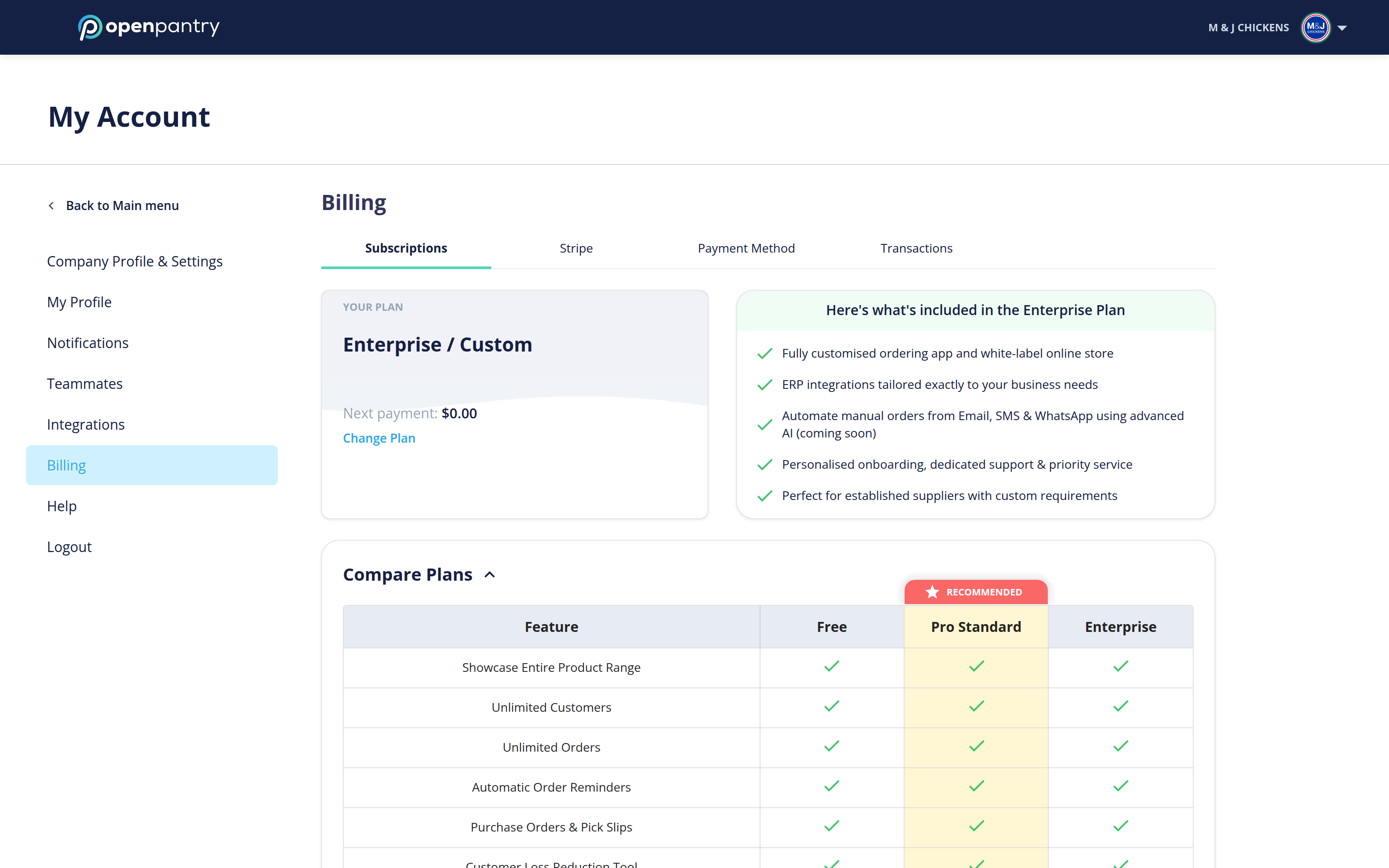 The Billing page showing the current plan and subscription tabs