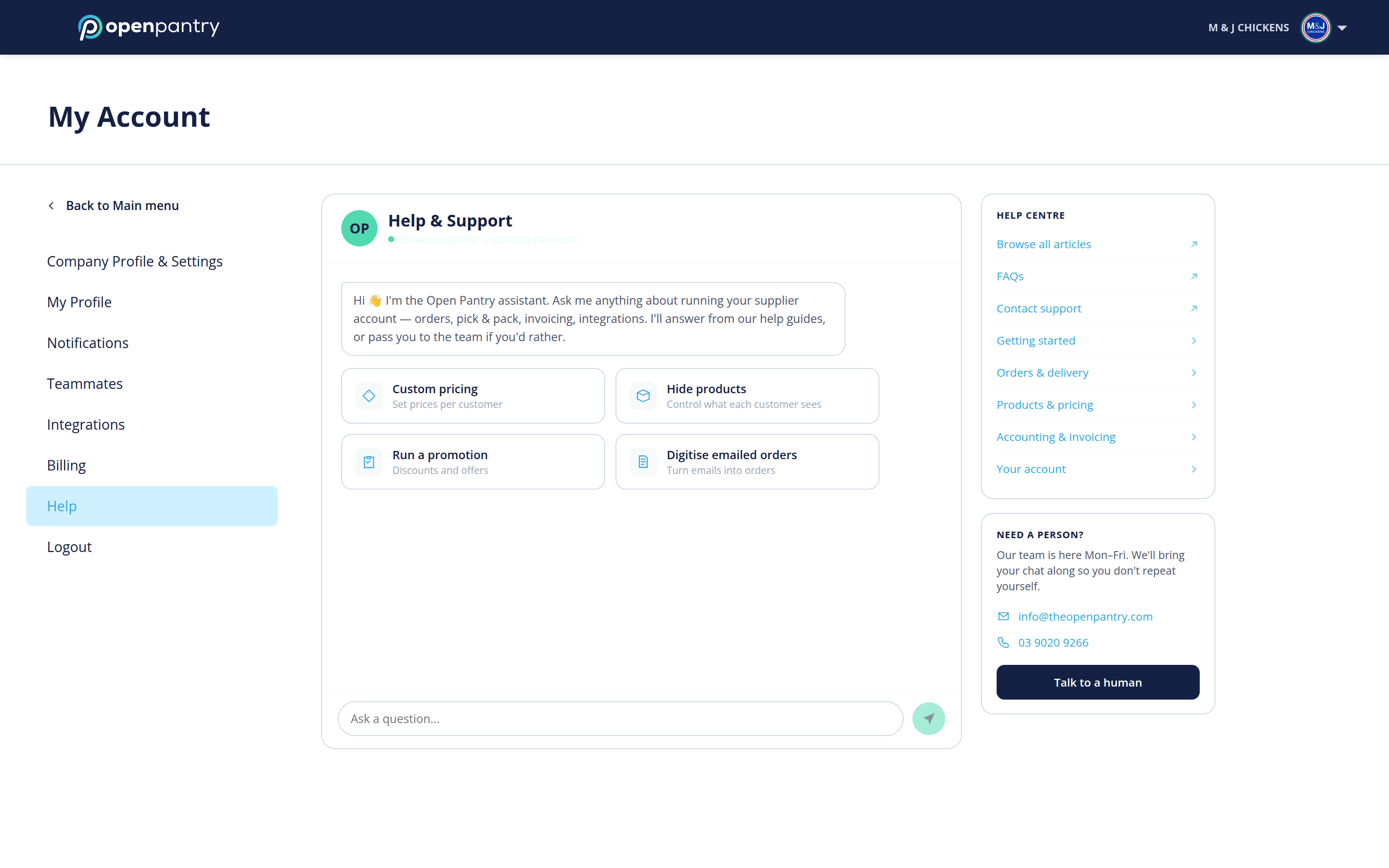 The Help and Support page with the assistant, Help Centre links and Talk to a human