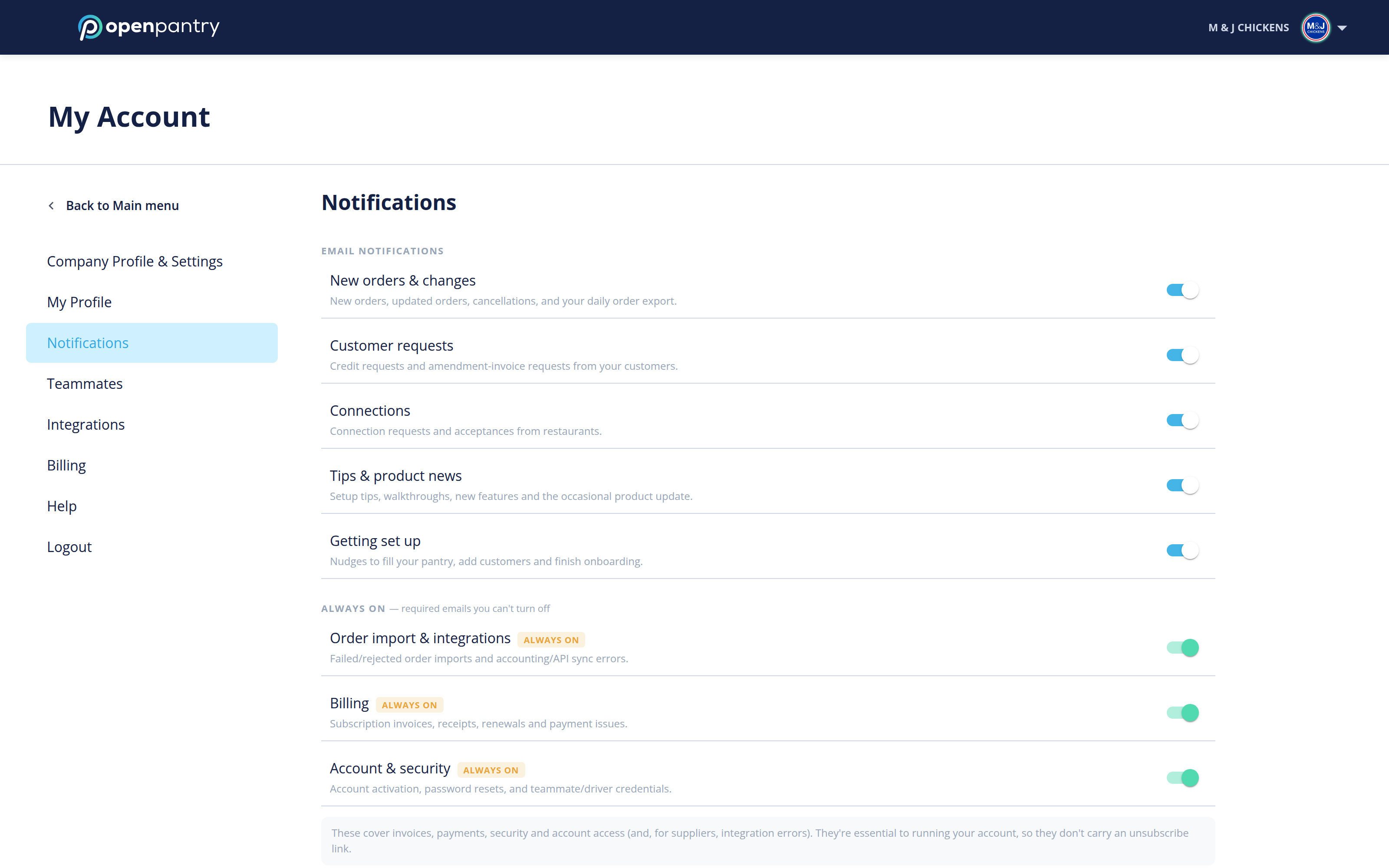 The Notifications page with the email notification toggles