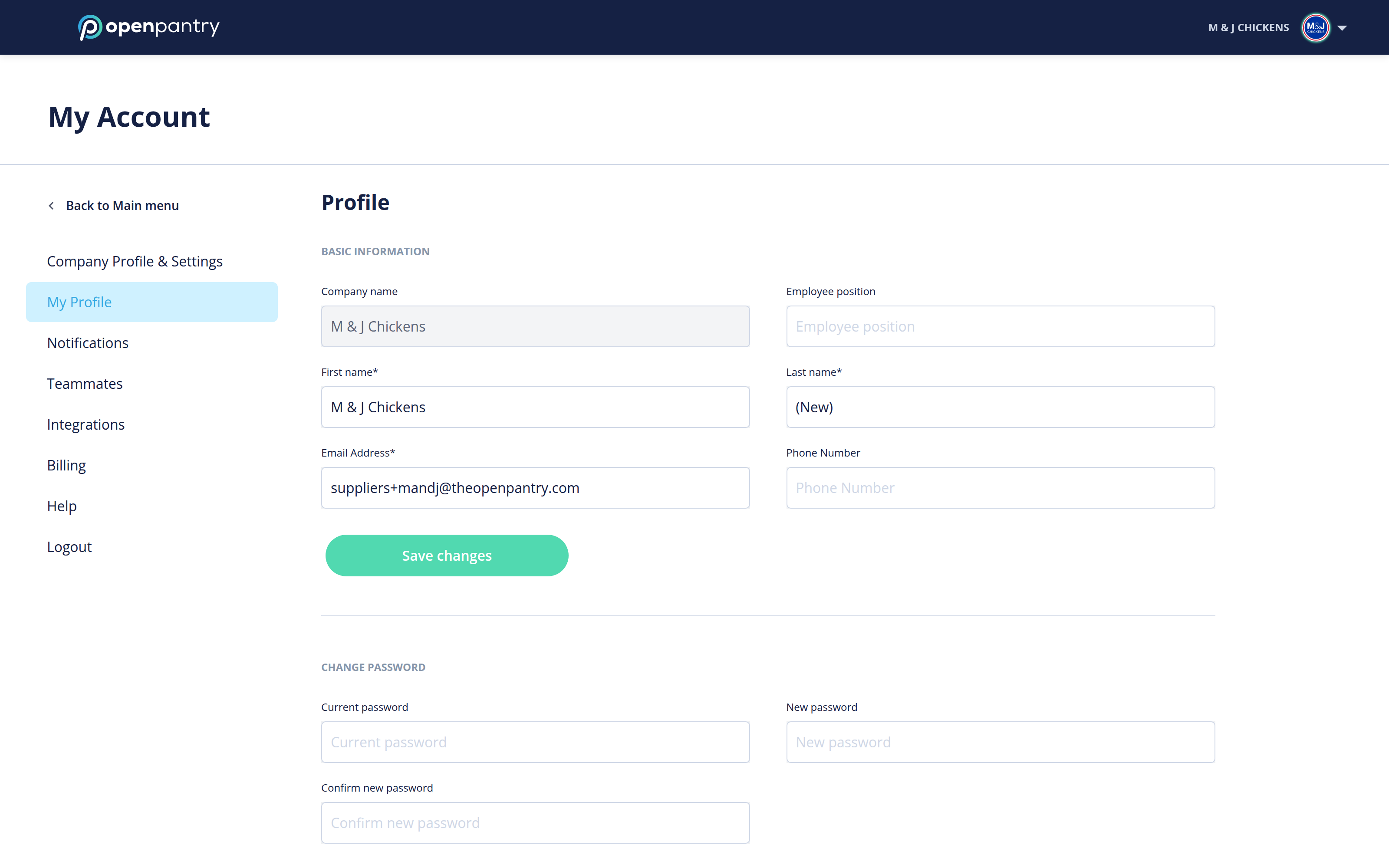 The My Profile page showing basic information fields and the Save changes button