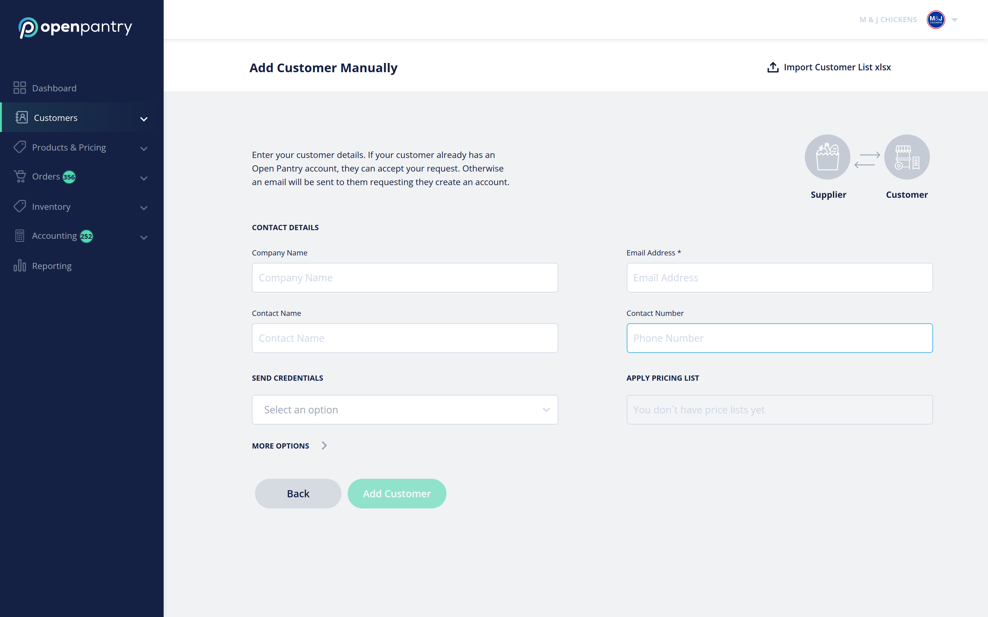 The Add Customer Manually screen, with a link to Import Customer List xlsx in the top right