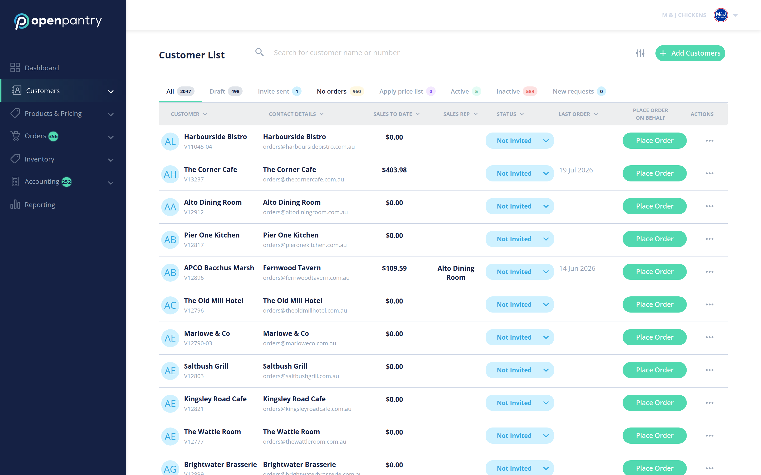 The Customer List showing customers, their contact details and the status tabs