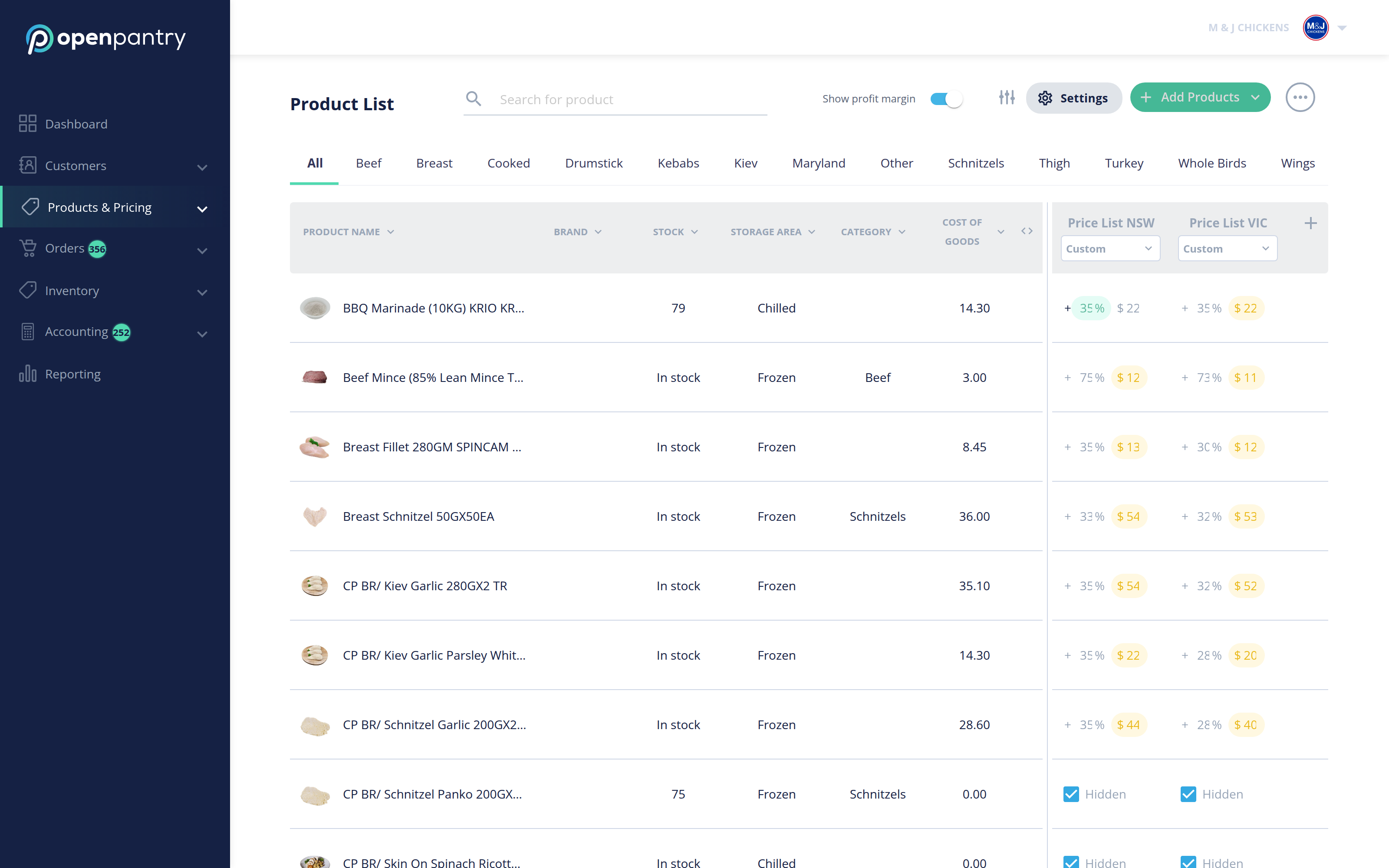 The Product List with category tabs, price list columns and the Show profit margin toggle