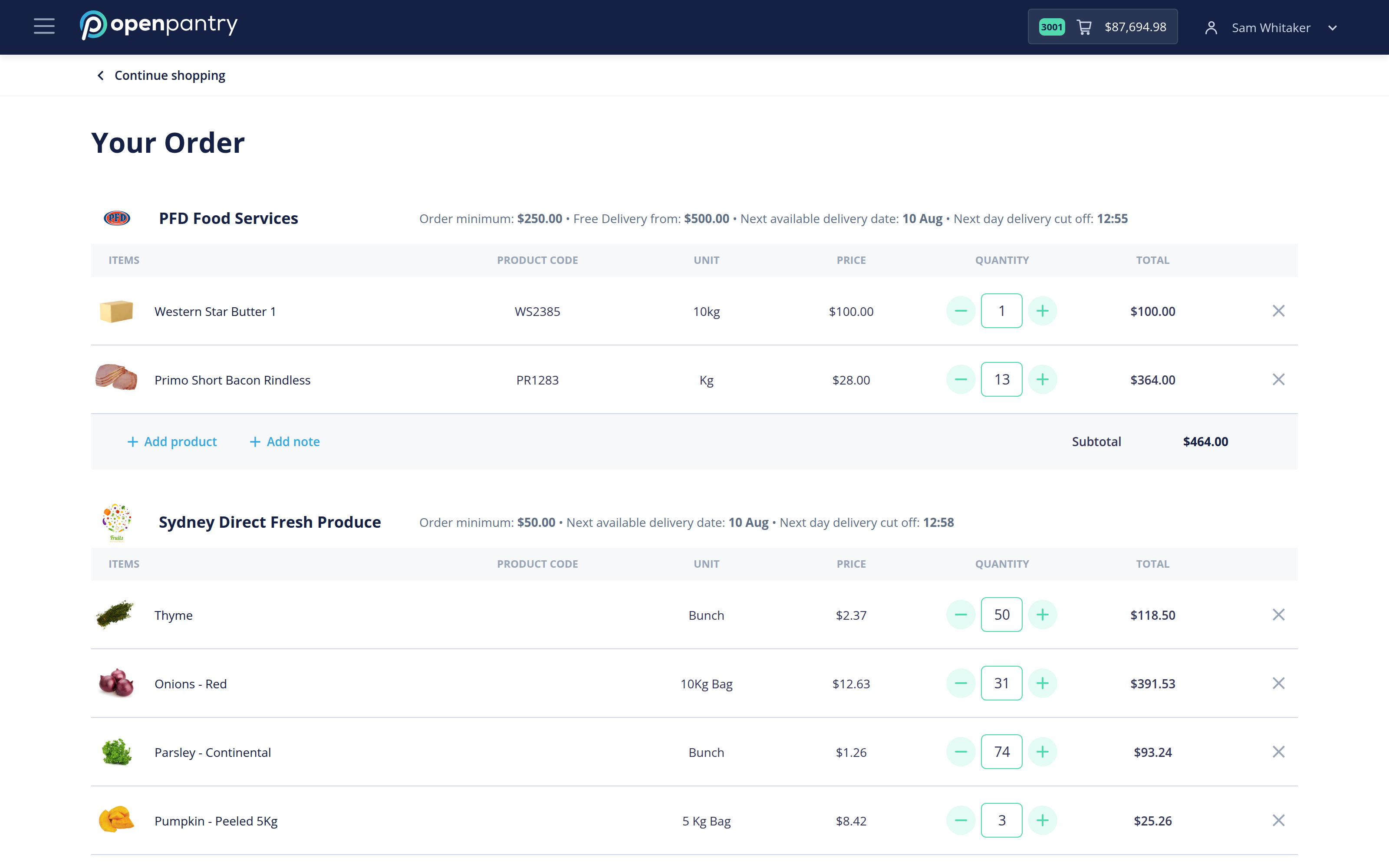 The Your Order screen grouped by supplier, showing order minimums and delivery cut-offs