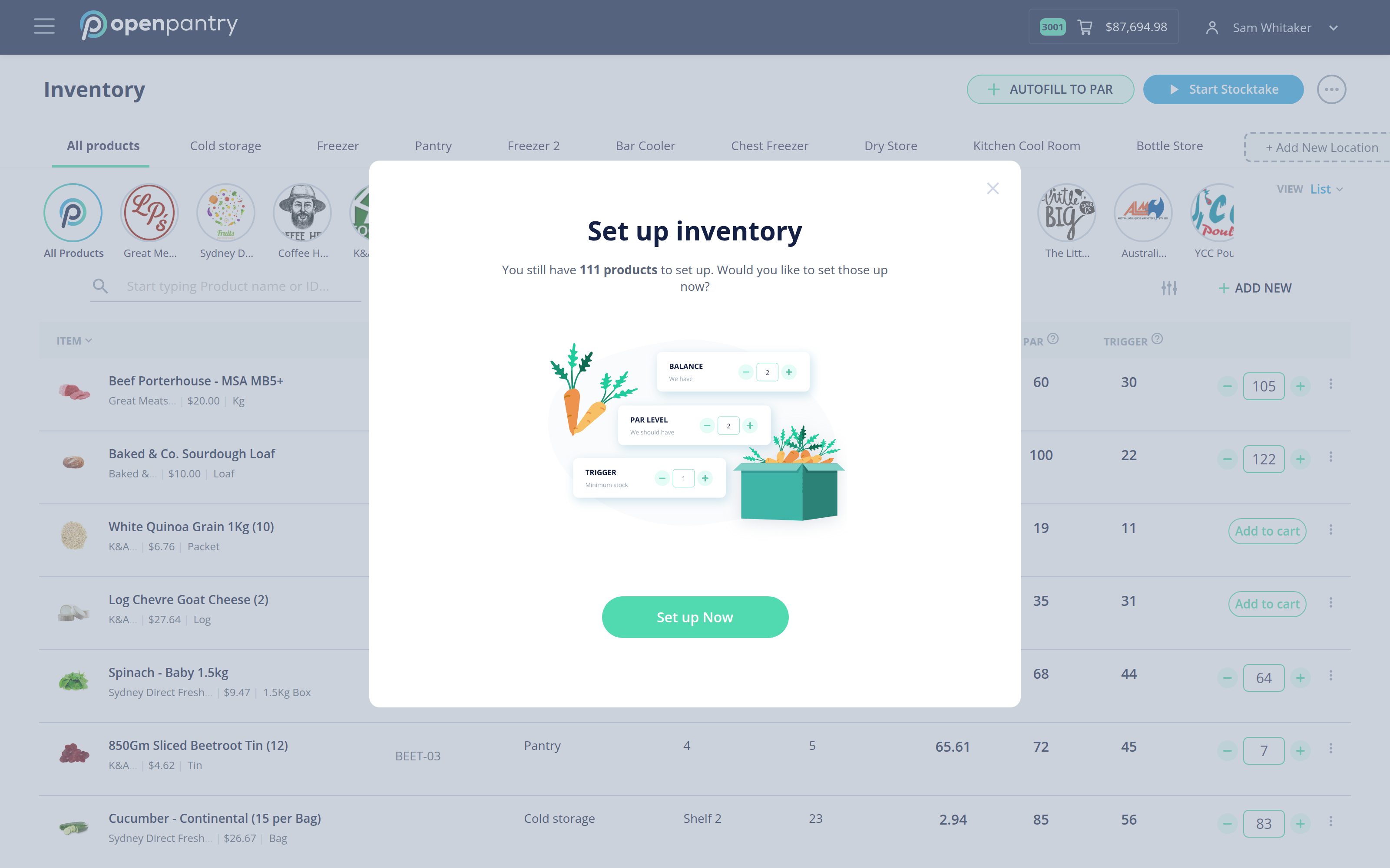 The Inventory screen with Start Stocktake in the top right