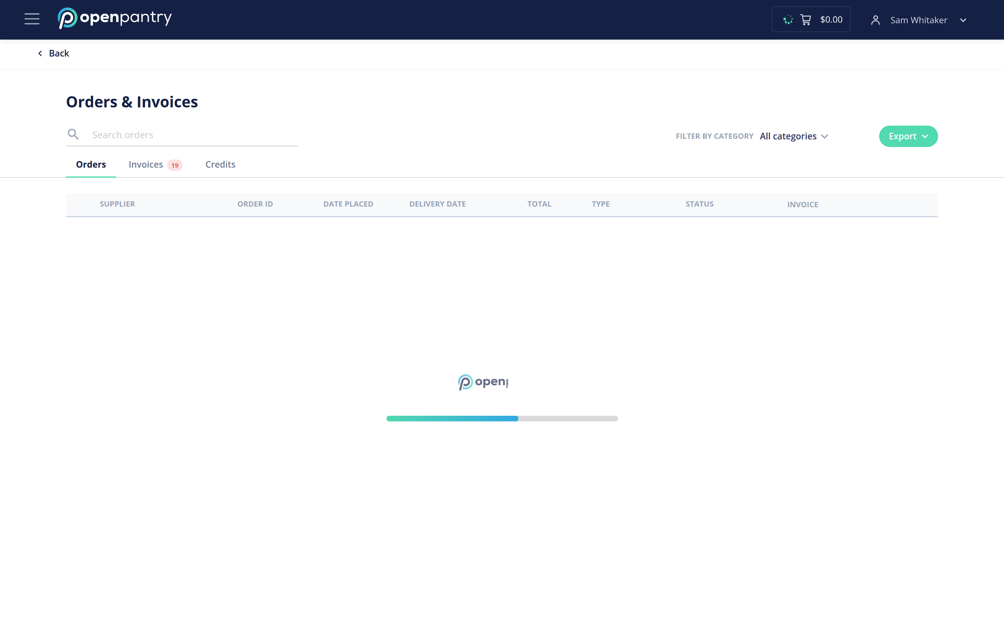 Orders and Invoices, listing orders with their status and whether they have been checked off