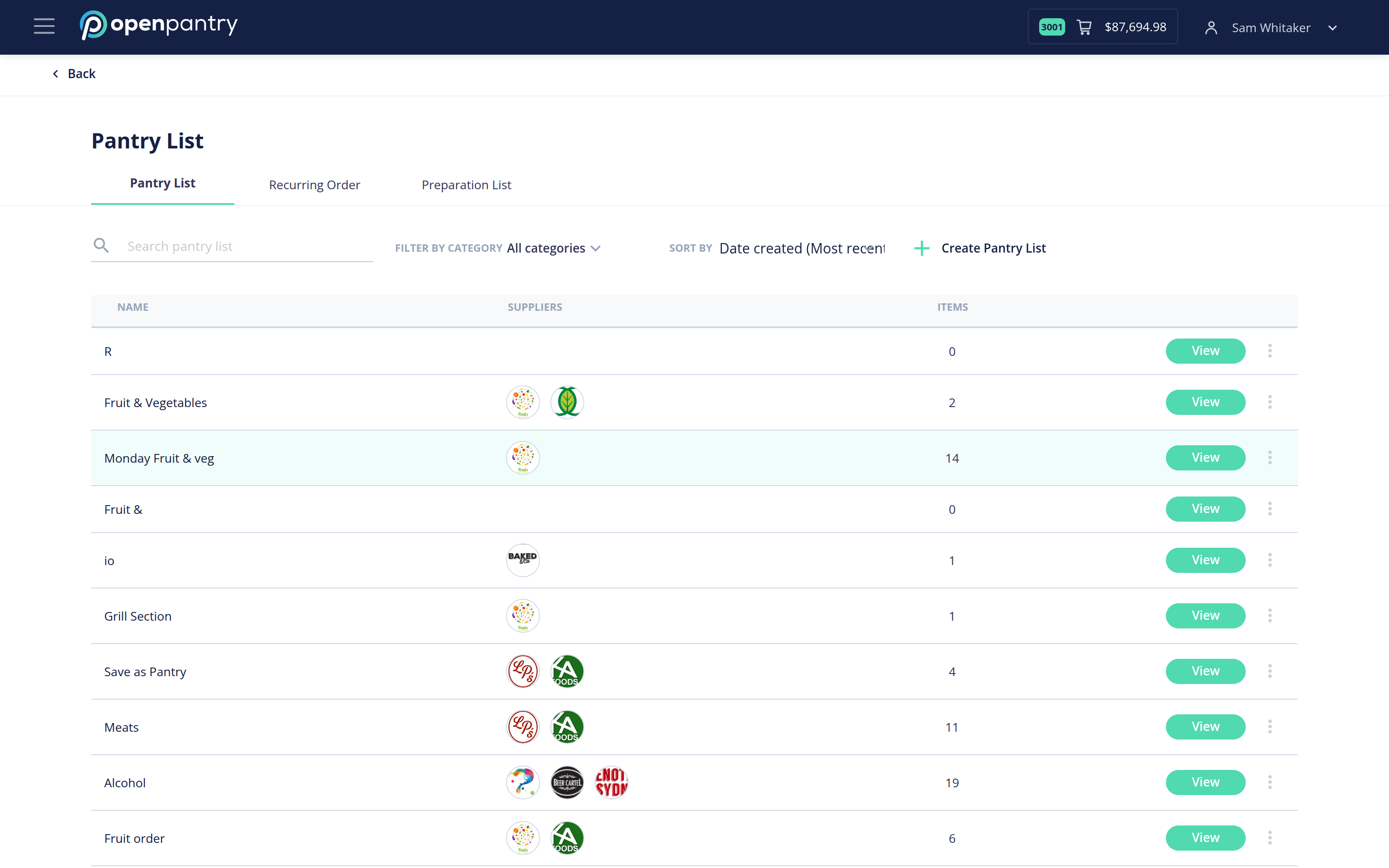 The Pantry List screen with its Pantry List, Recurring Order and Preparation List tabs