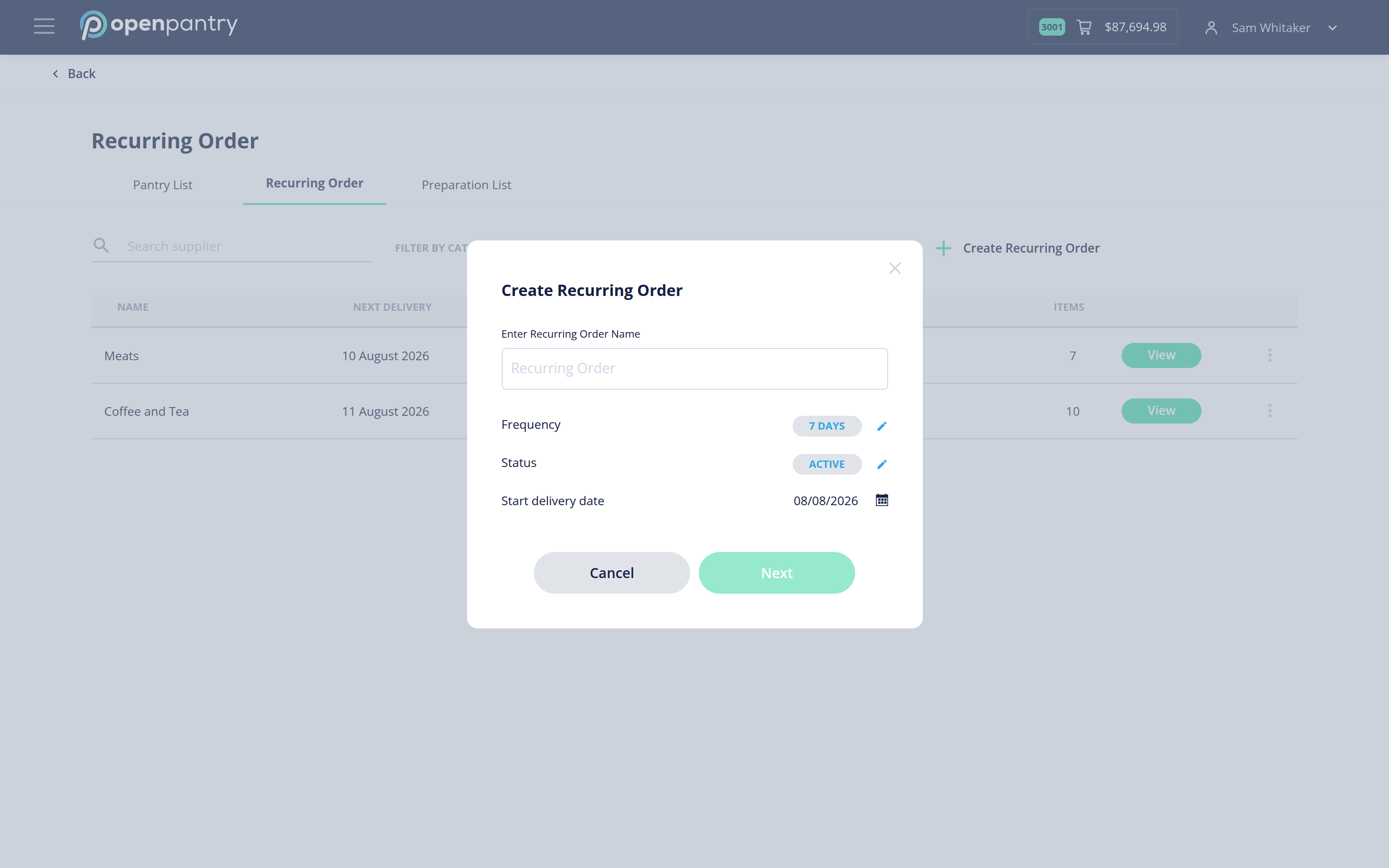 The Create Recurring Order dialog with name, frequency and start delivery date