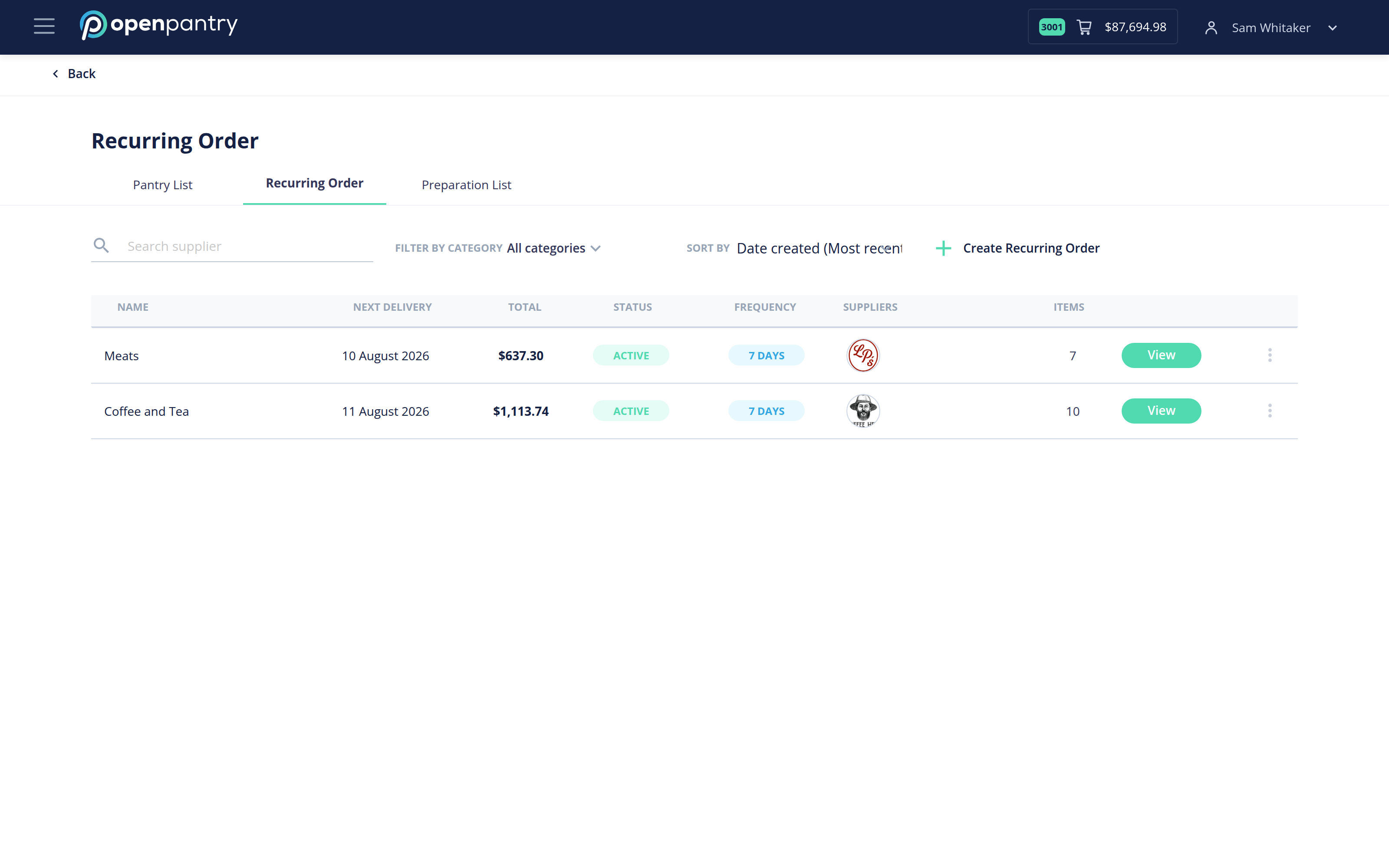 The Recurring Order tab listing existing recurring orders with their frequency and status