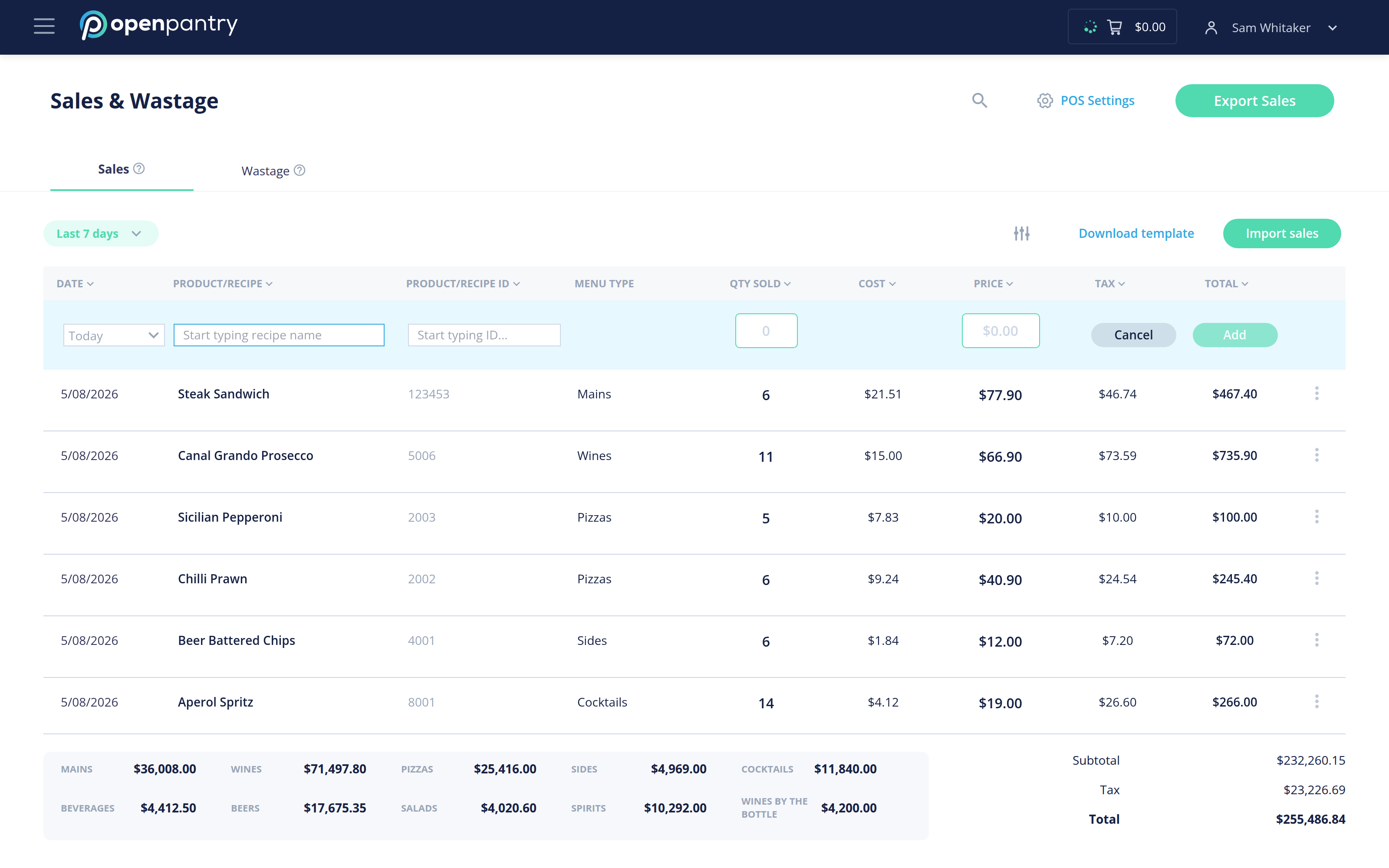 The Sales and Wastage screen; the Wastage tab sits beside Sales