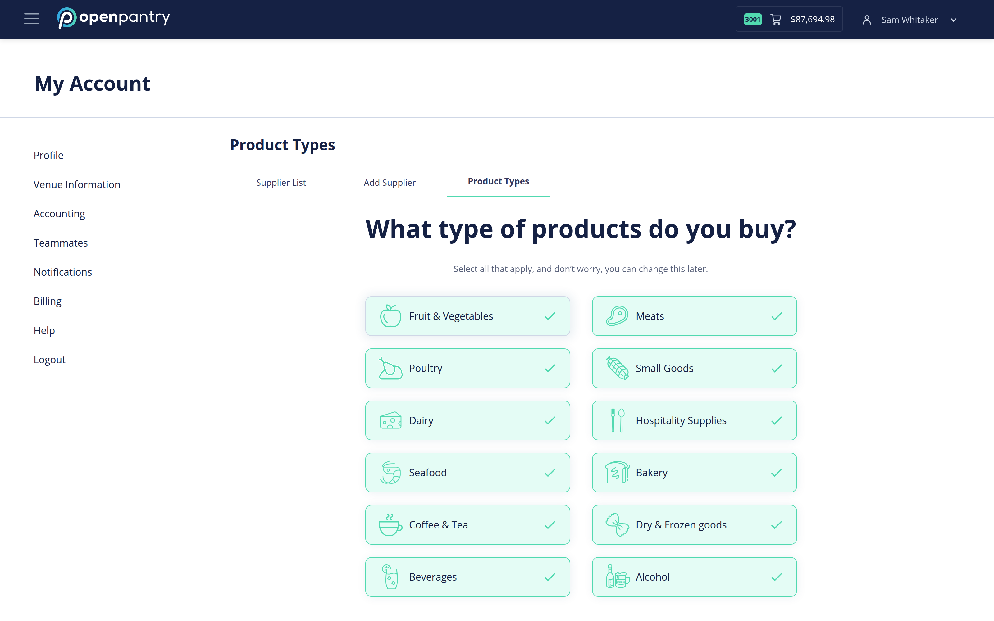 The What type of products do you buy screen with selectable category tiles
