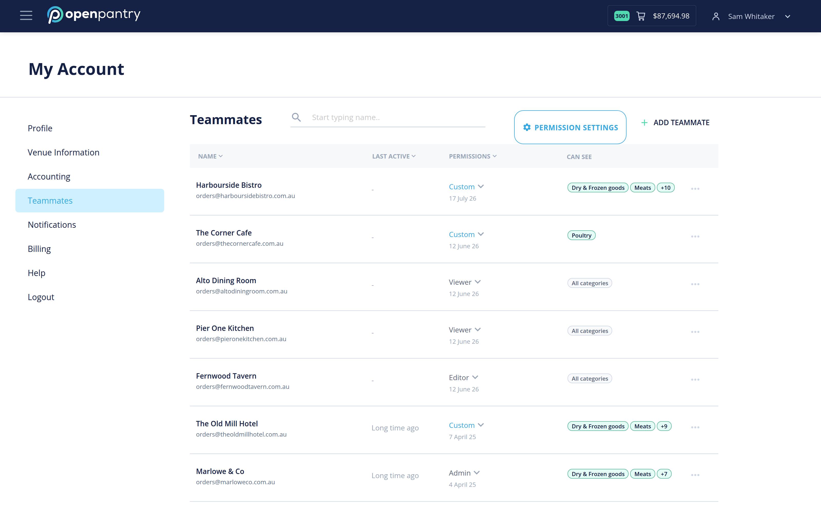 The Teammates screen where team members and their permissions are managed