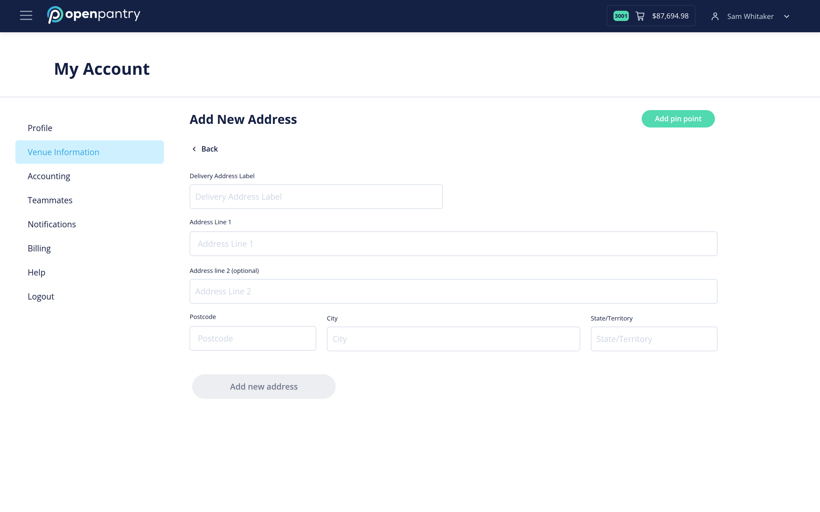 The Add New Address form with label, address lines, postcode, city and state