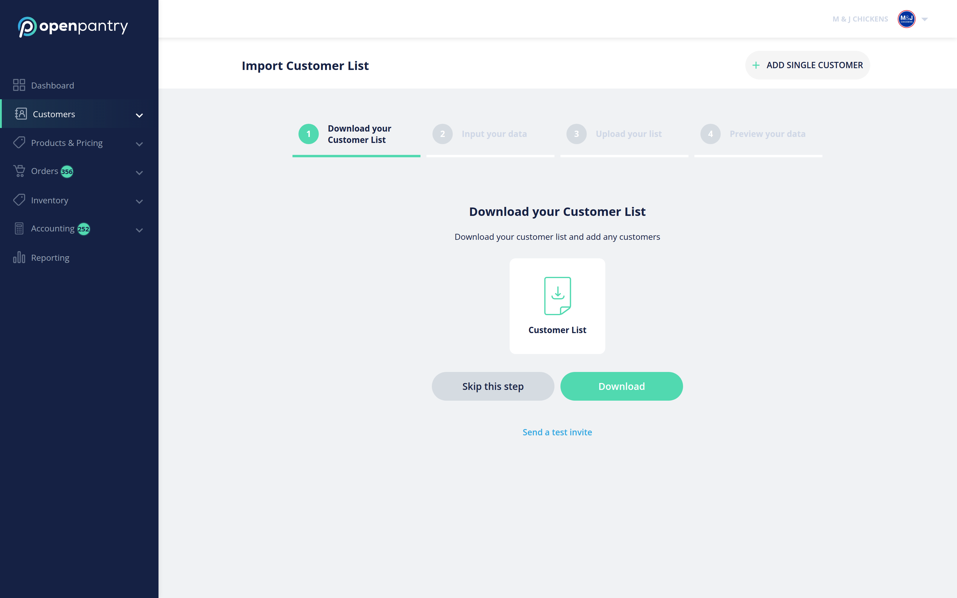 The Import Customer List wizard showing its four steps: download, input, upload, preview