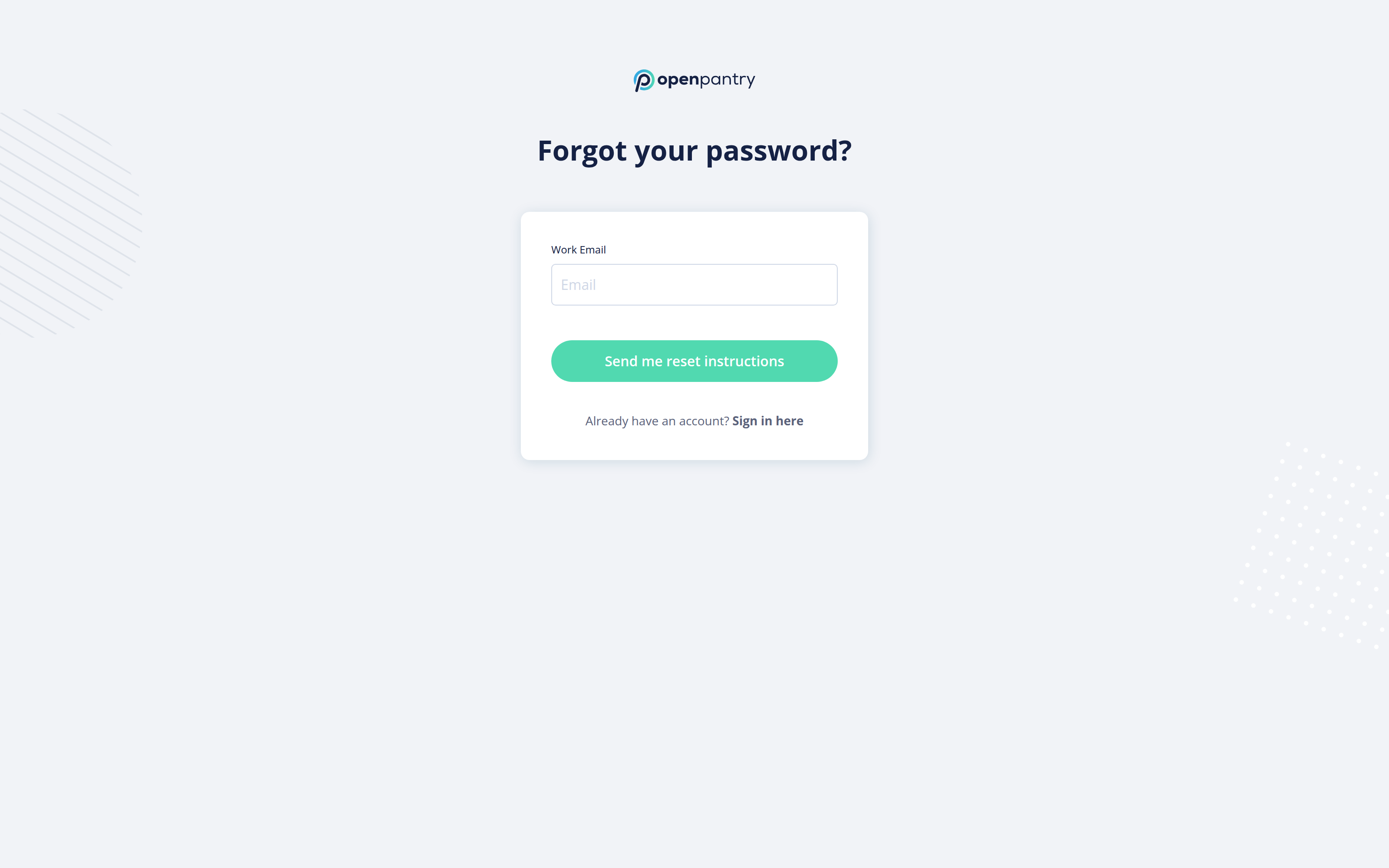 The Forgot your password screen with a Work Email field and a Send me reset instructions button