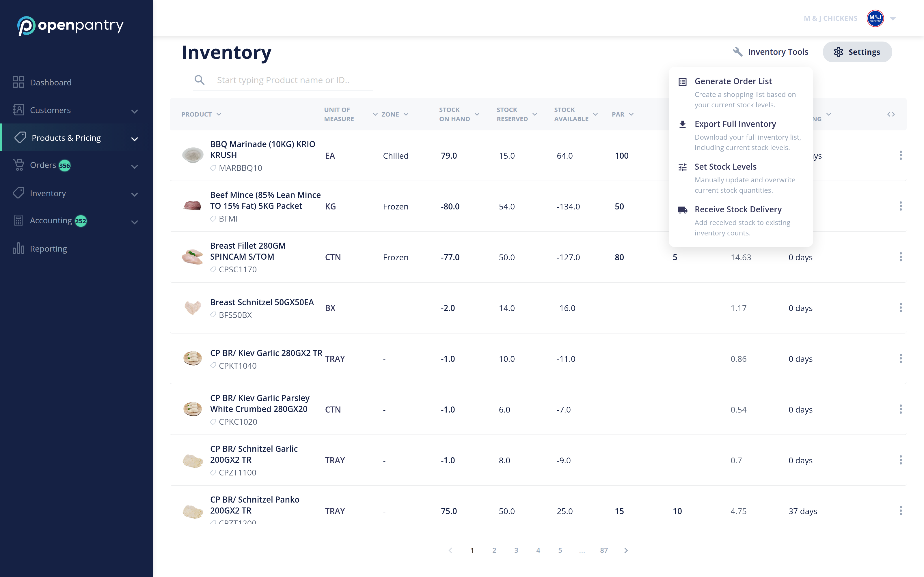 The Inventory Tools menu offering Generate Order List, Export Full Inventory, Set Stock Levels and Receive Stock Delivery