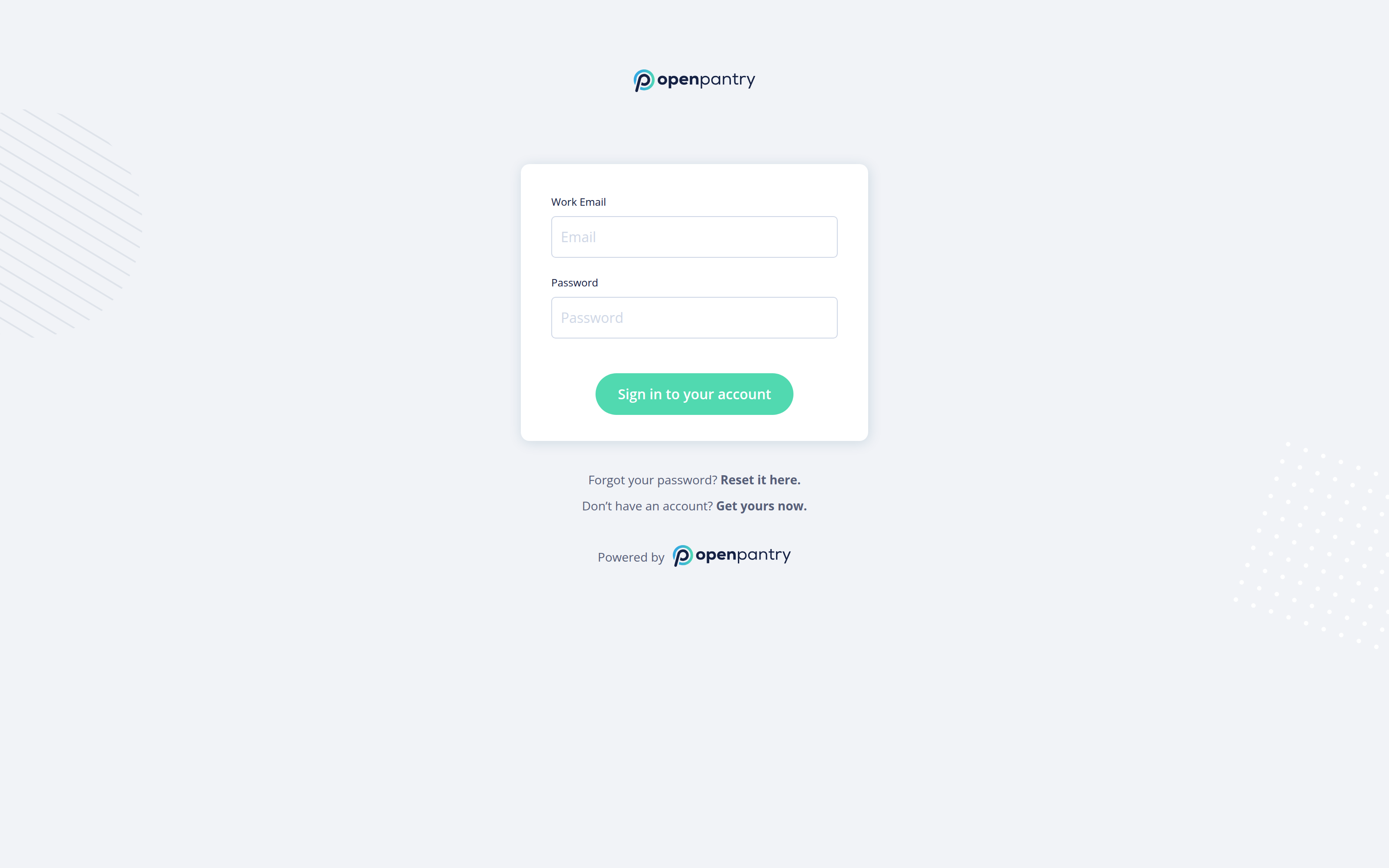 The Open Pantry sign-in screen, with the password reset link below the Sign in button