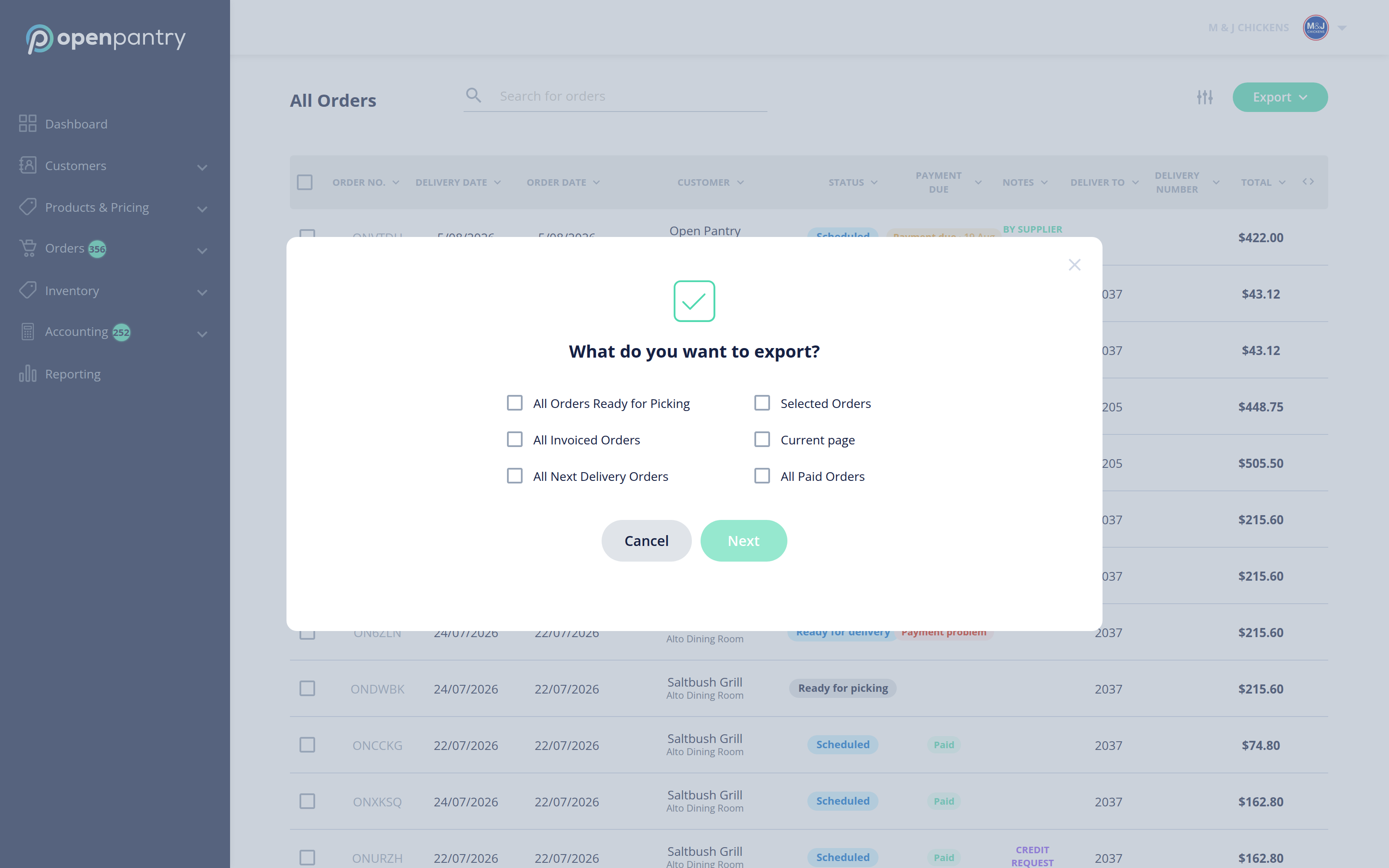 The export dialog offering All Orders Ready for Picking, Selected Orders, All Invoiced Orders, Current page, All Next Delivery Orders and All Paid Orders