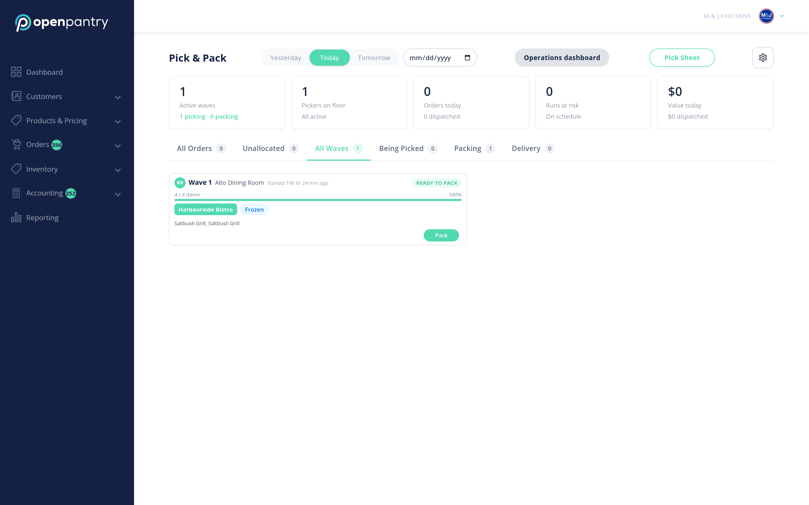 The Pick and Pack screen showing active waves, pickers on the floor, and order status tabs