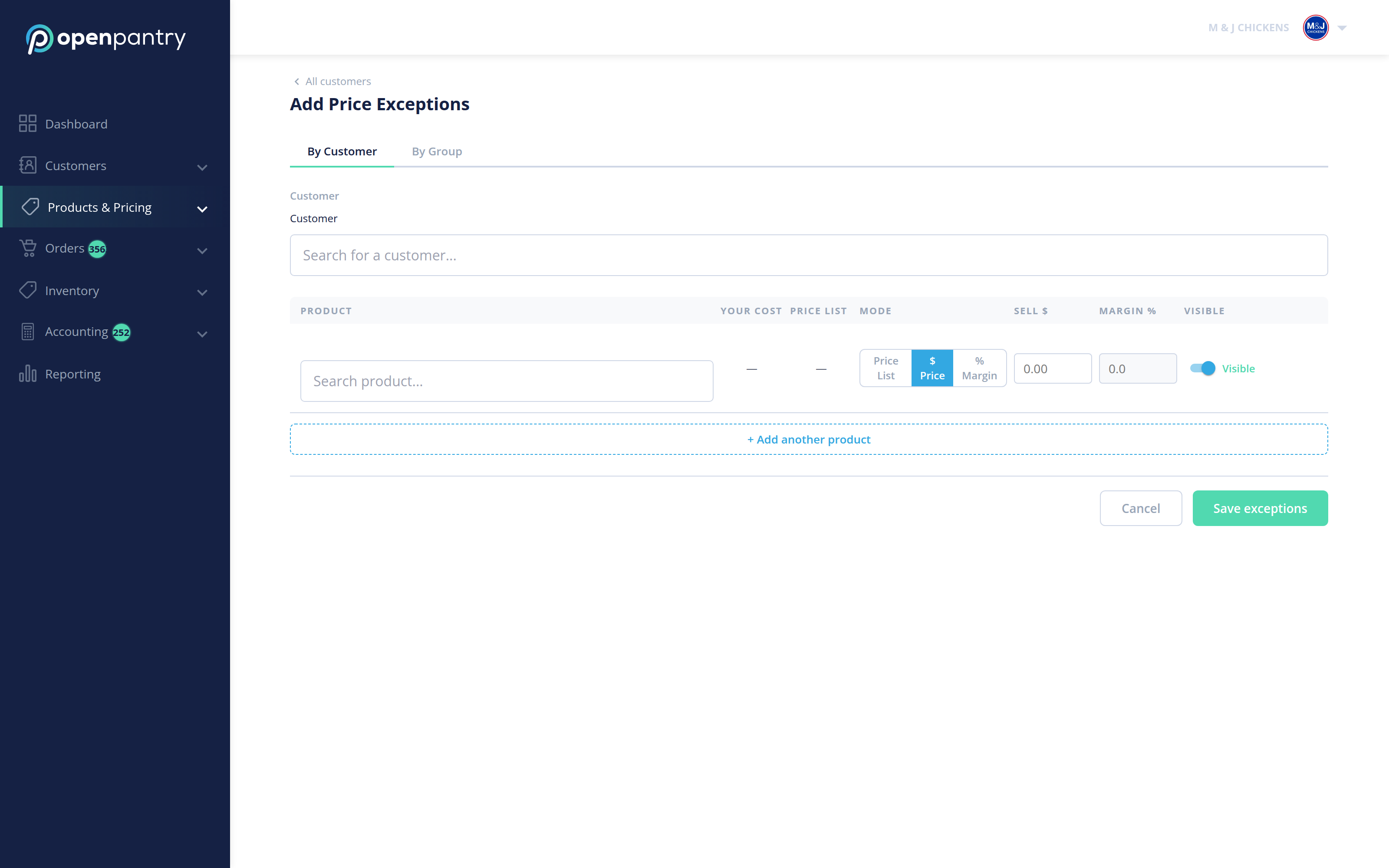 The Add Price Exceptions form with By Customer and By Group tabs and a product row