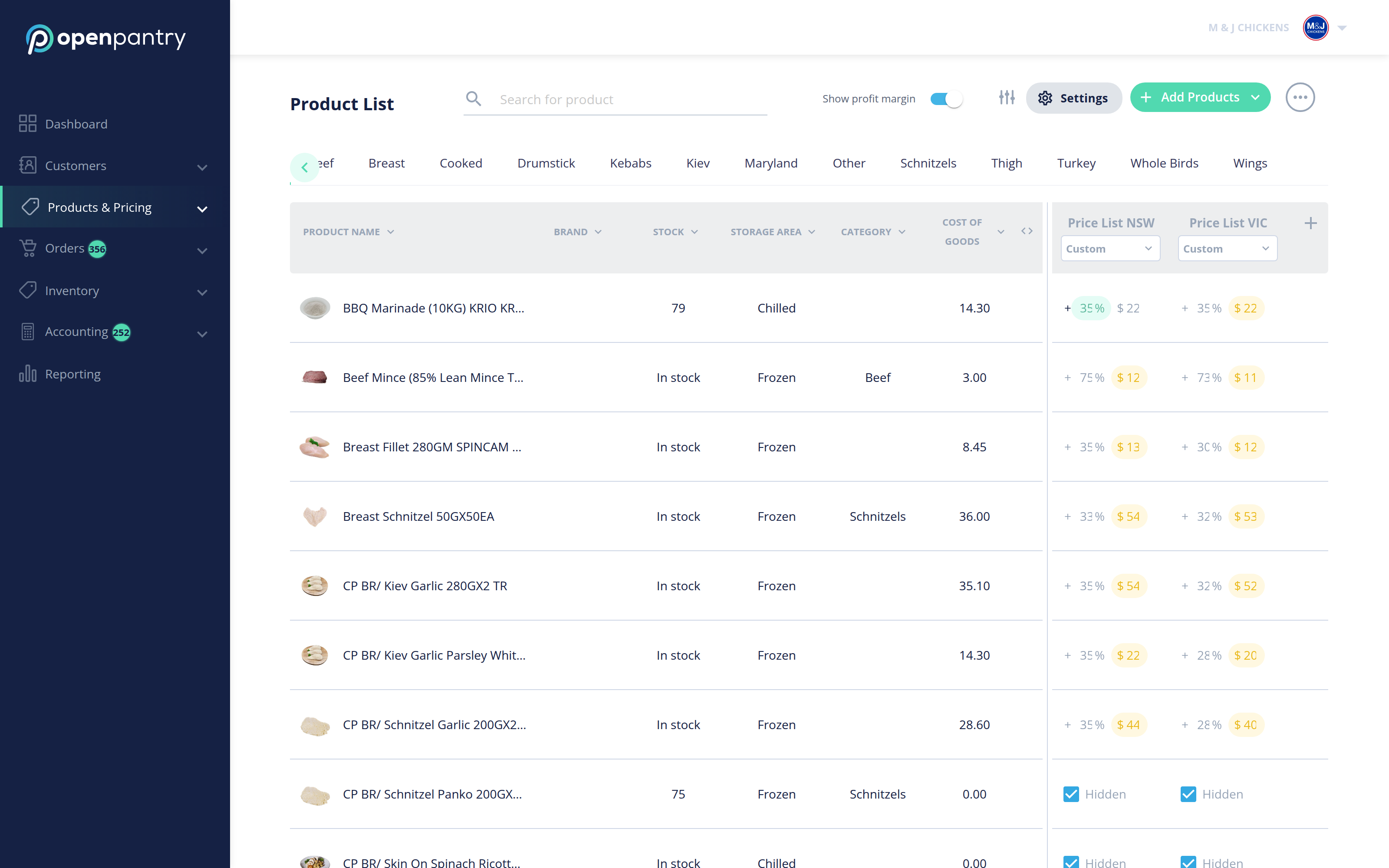 The Product List showing the price list columns and the controls above them