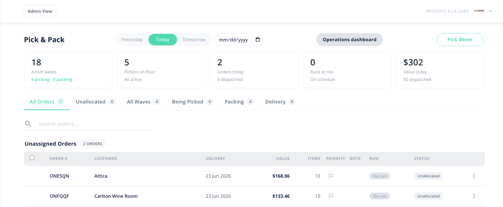 The full Pick & Pack page showing the date filter, KPI cards and the tab bar