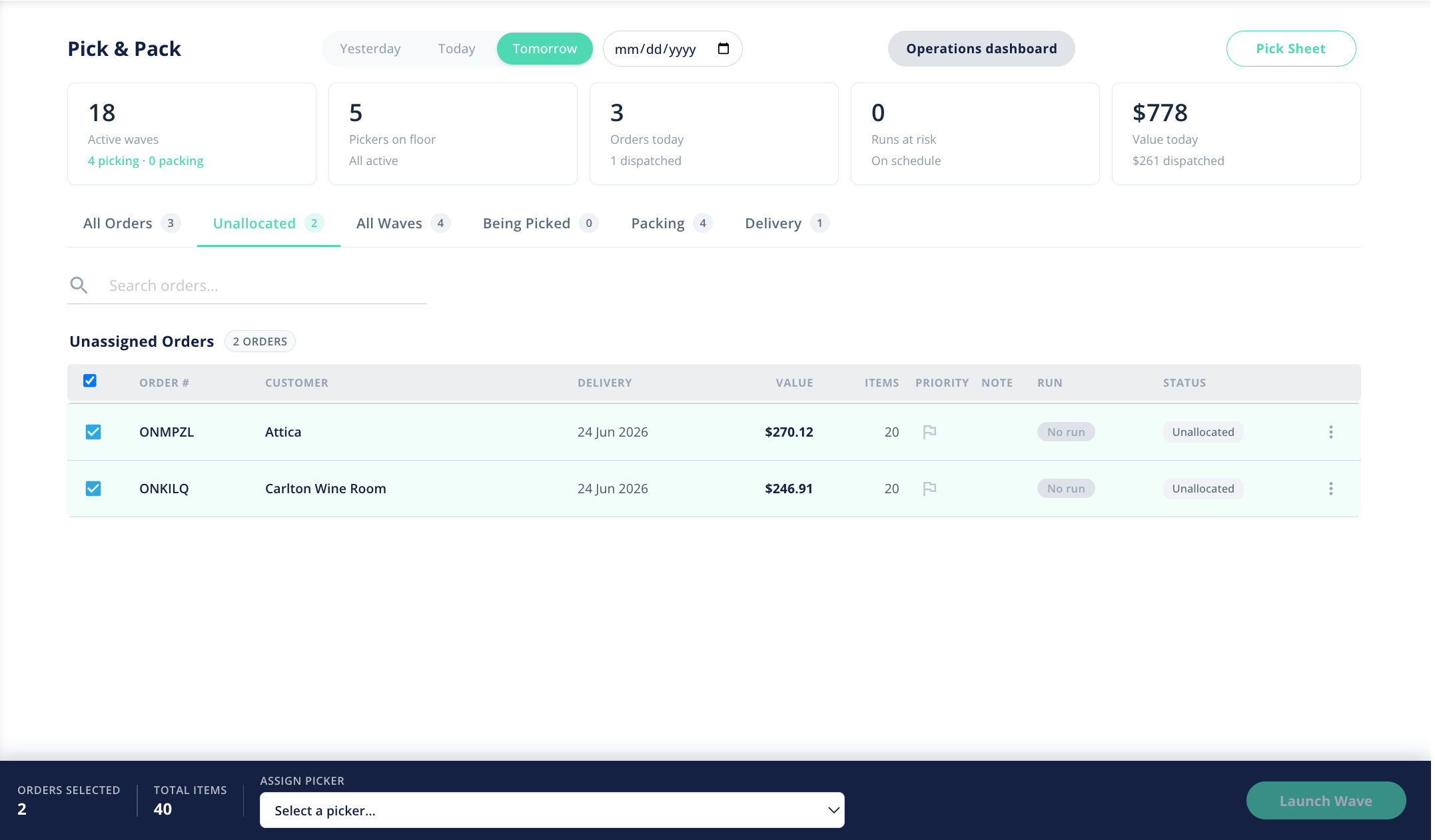 The Unallocated tab with orders selected, ready to be grouped into a wave