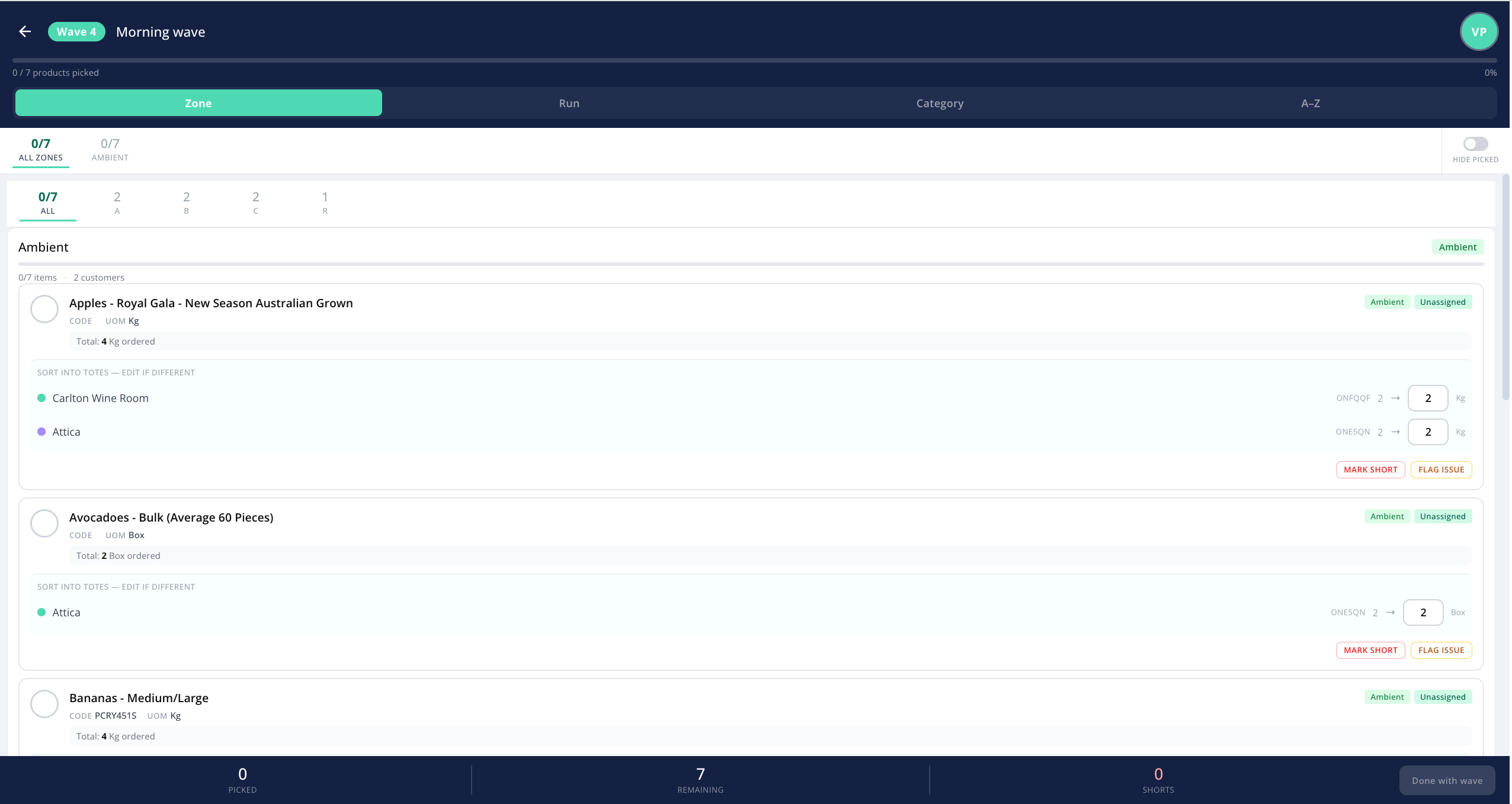 The picker view grouped by Zone, with the grouping control and hide-picked toggle visible