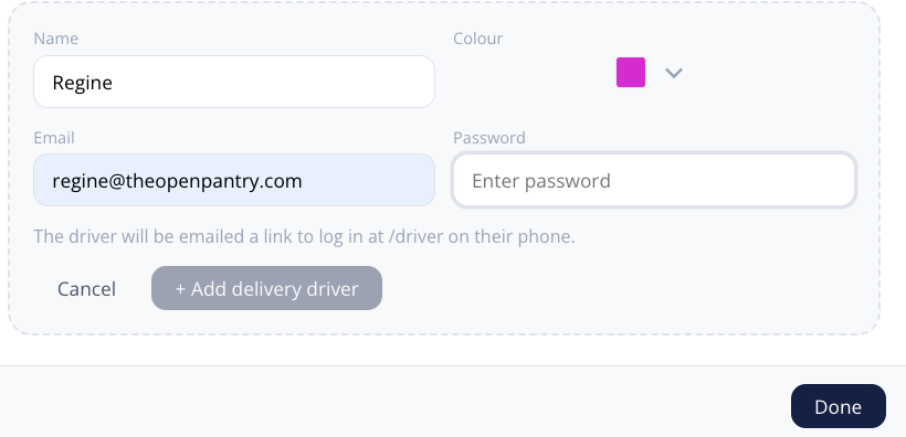 Adding a driver with the driver role selected and a password field