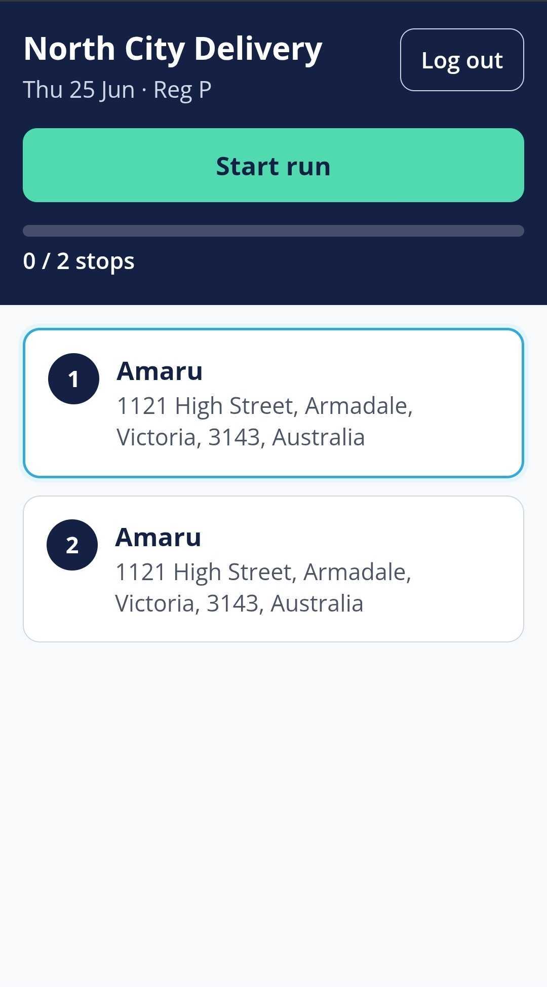 The driver app showing a run's stops and the next-stop prompt