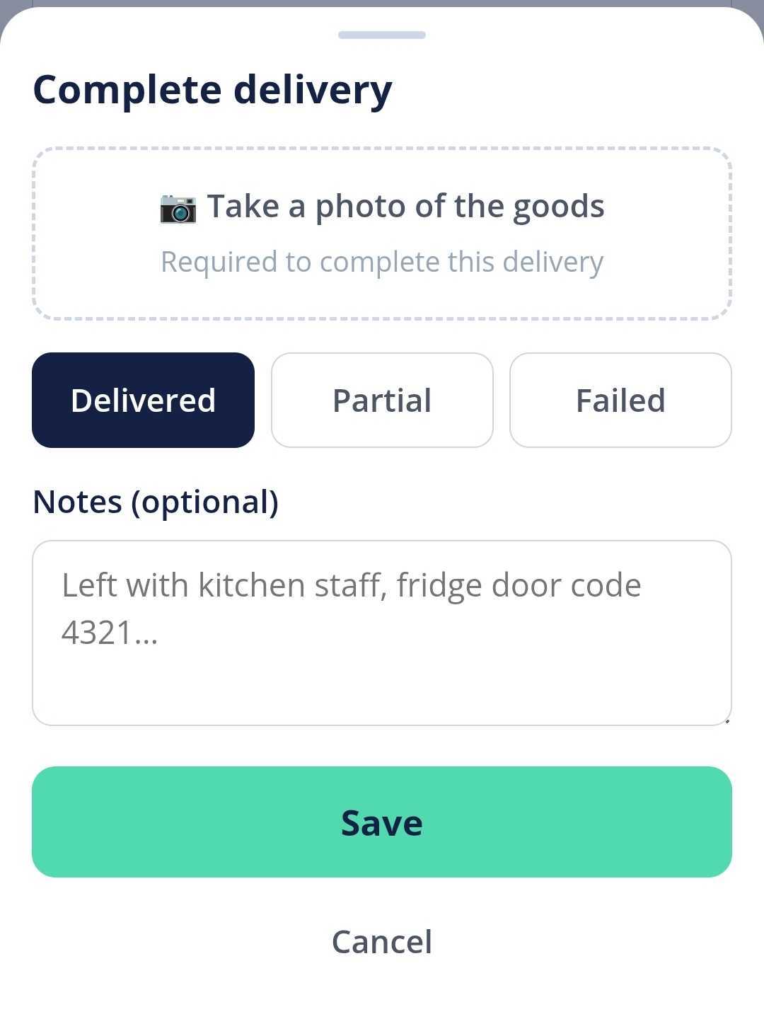 The driver app capturing a proof-of-delivery photo and marking a stop delivered
