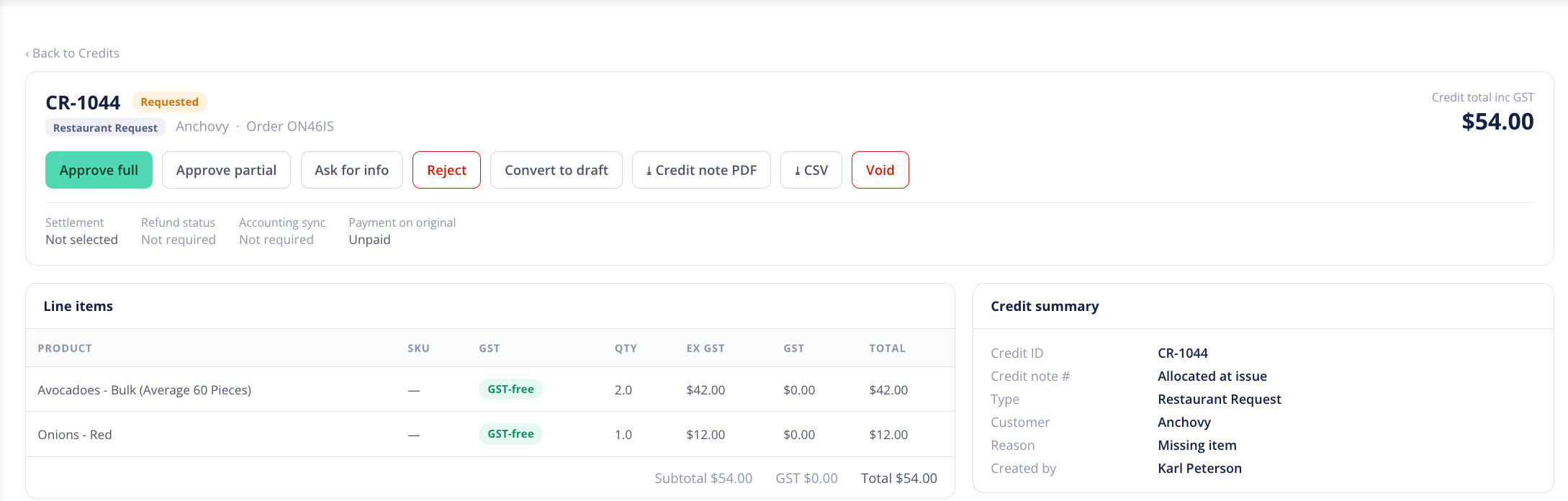The Credits screen with a new credit being raised against an order