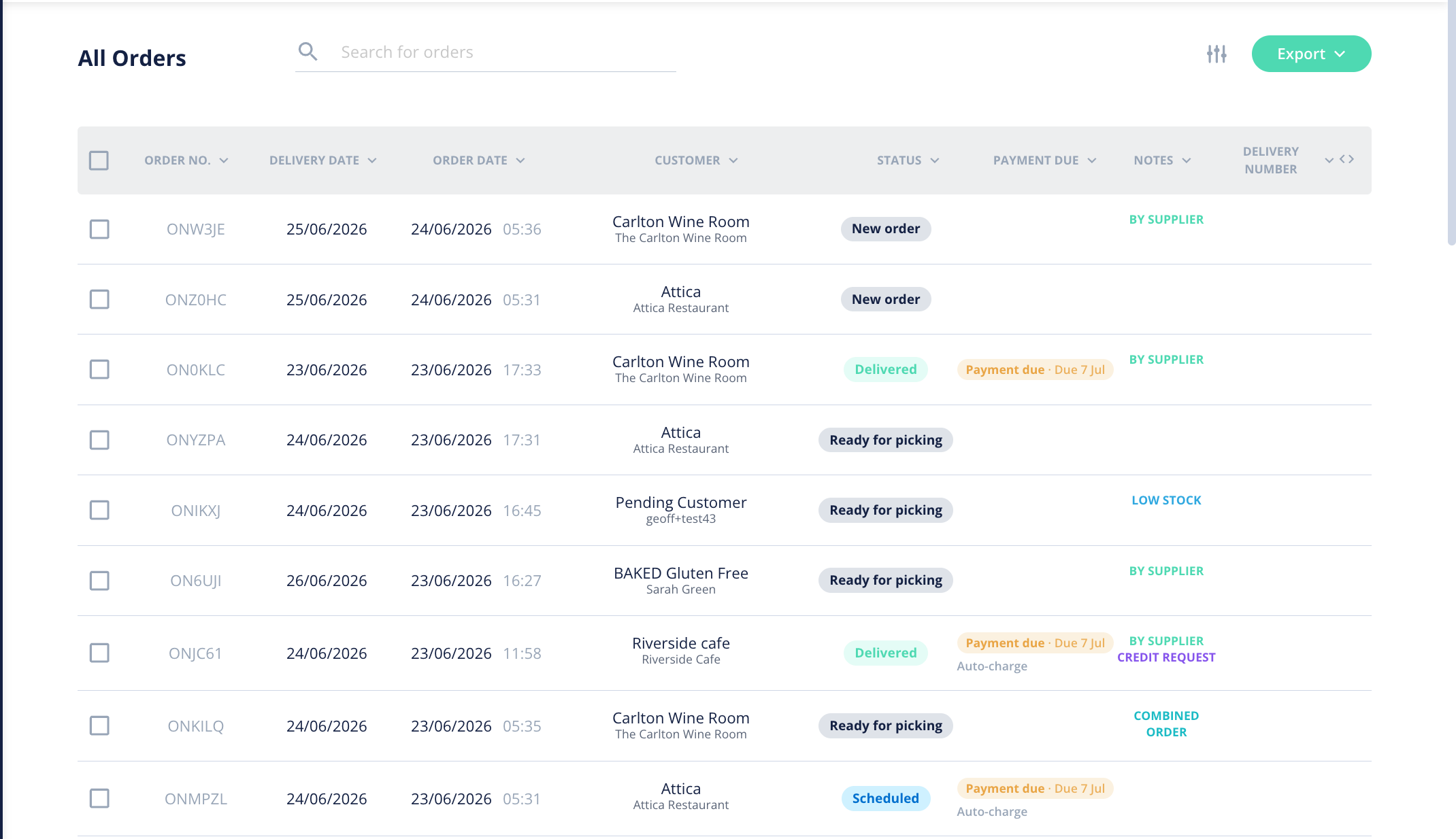 The Orders list showing the multi-track status pills across several orders