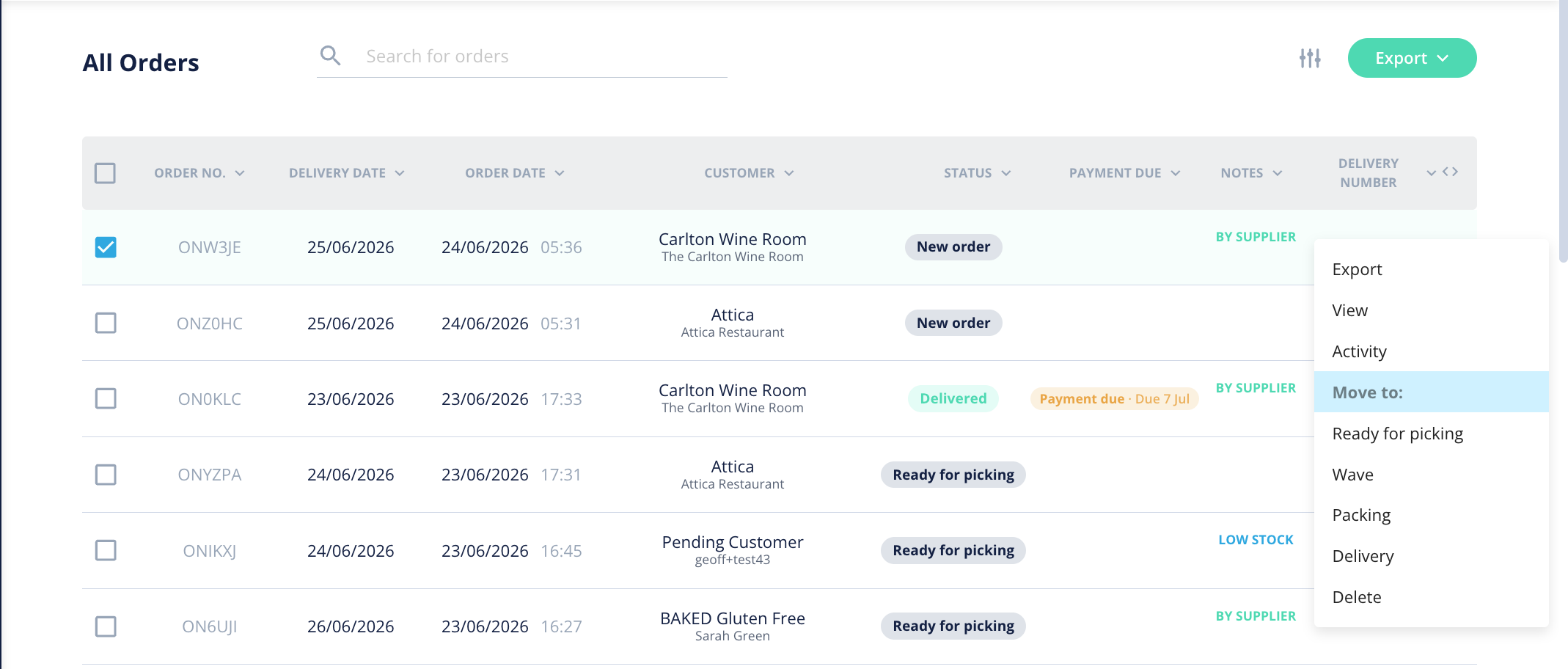 The order row menu open showing the Move-to stage options