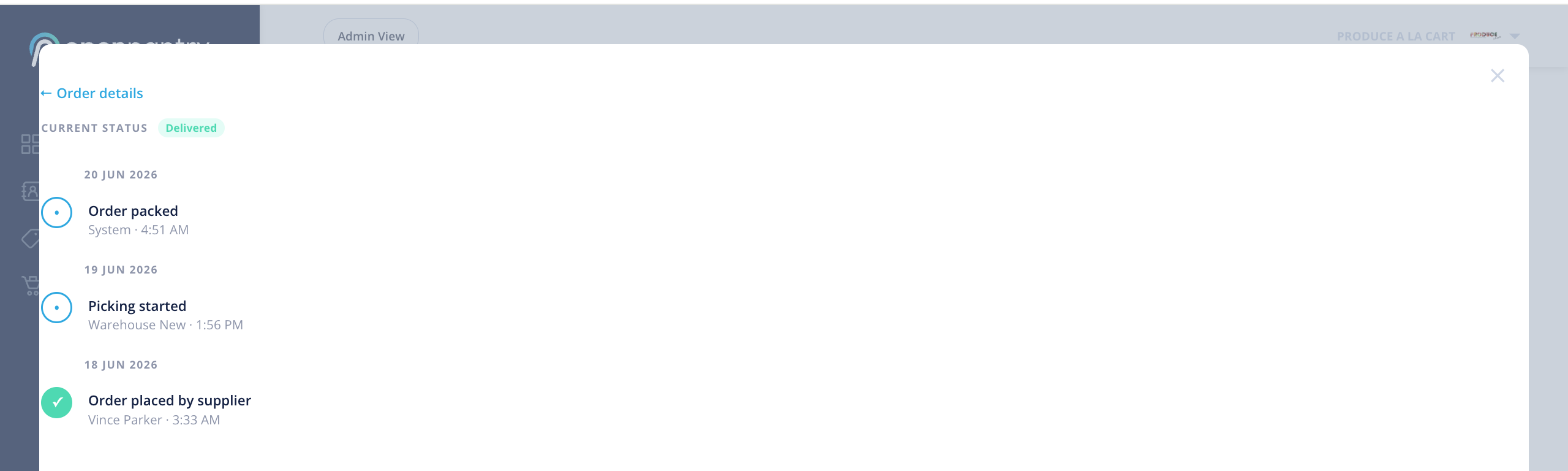 An order's Activity Log showing the placed, edited, dispatched and paid timeline