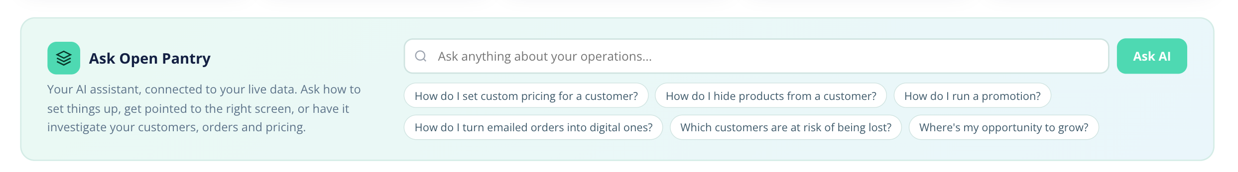 The Ask Open Pantry box on the dashboard with the question field and suggested prompt chips