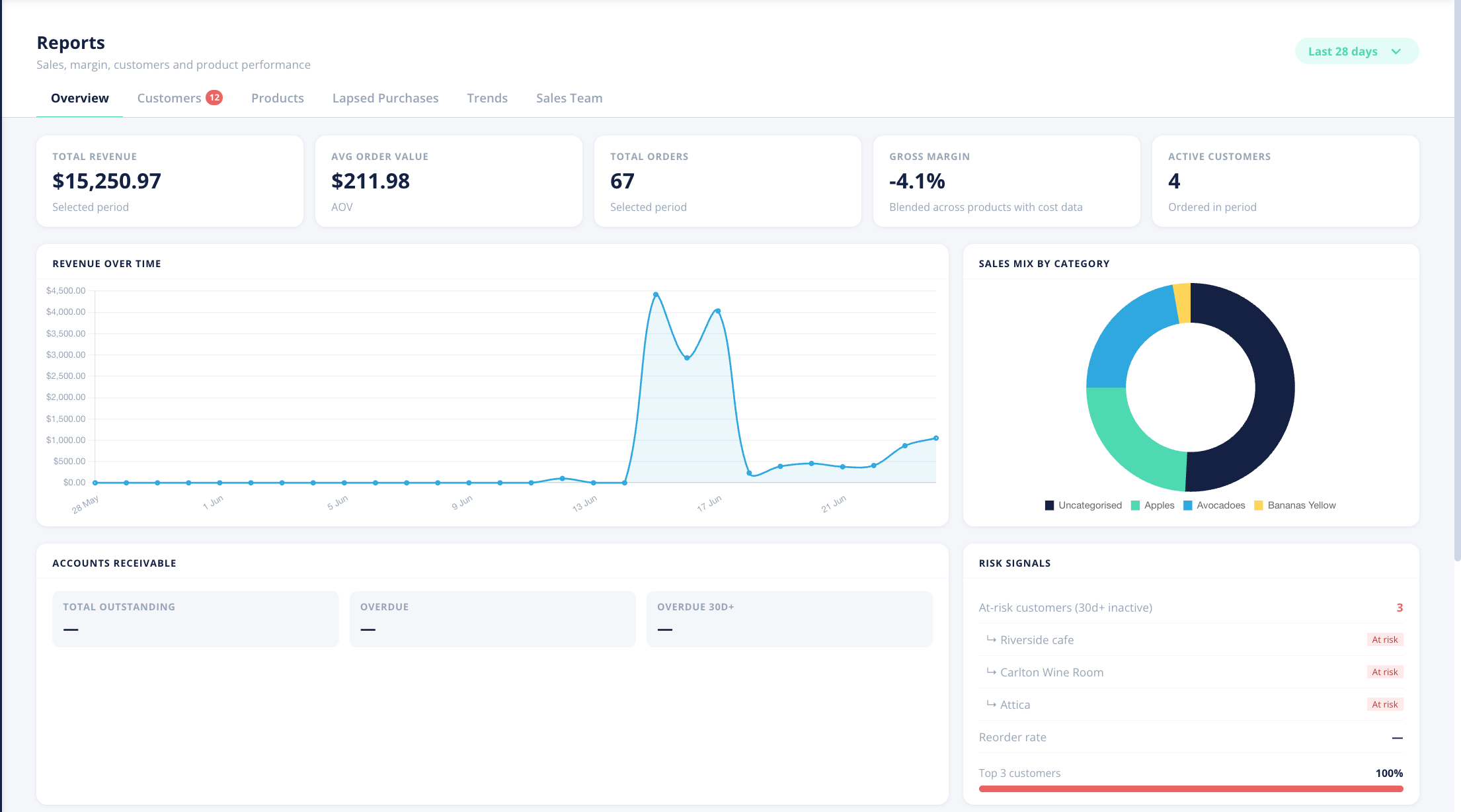 Reporting Overview with KPI tiles, Revenue over time chart, Sales mix, Accounts receivable and Risk signals