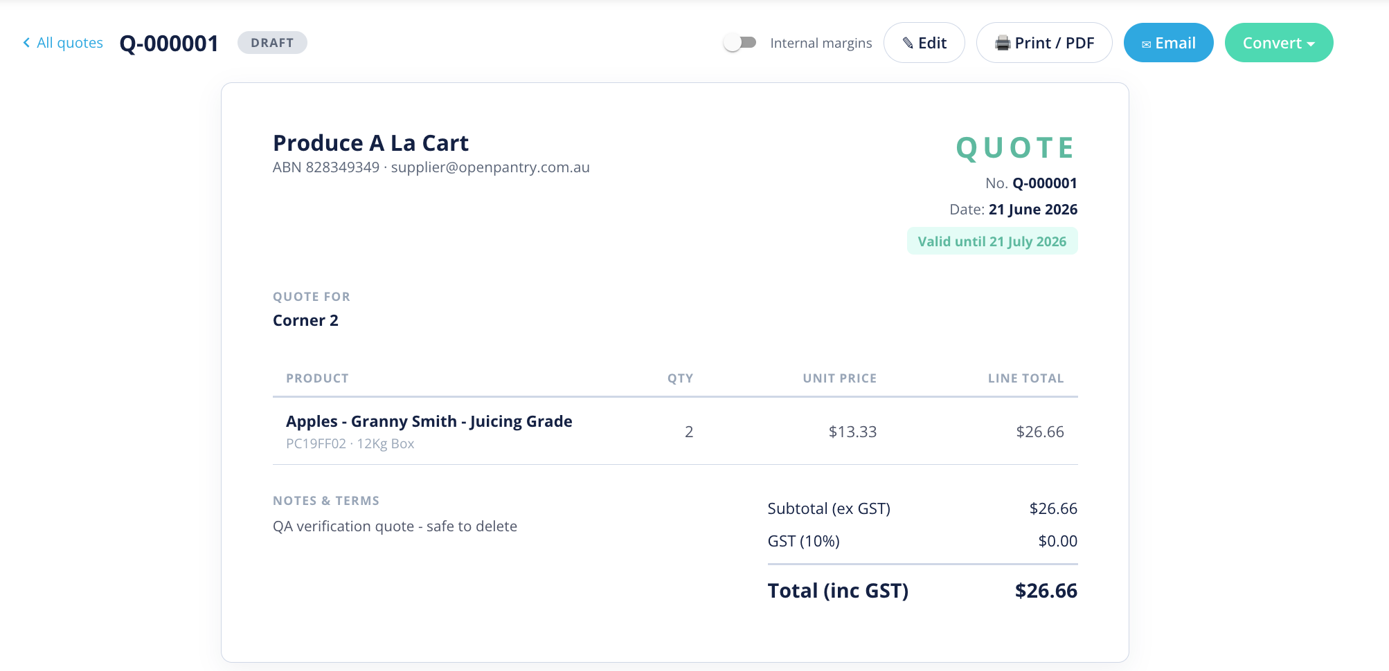 The Quotes tab on the Price Exceptions screen, showing a per-customer quote with line items and convert options