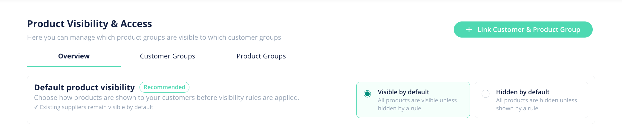 The Product Visibility and Access screen with the default-visibility toggle and Overview, Customer Groups and Product Groups tabs