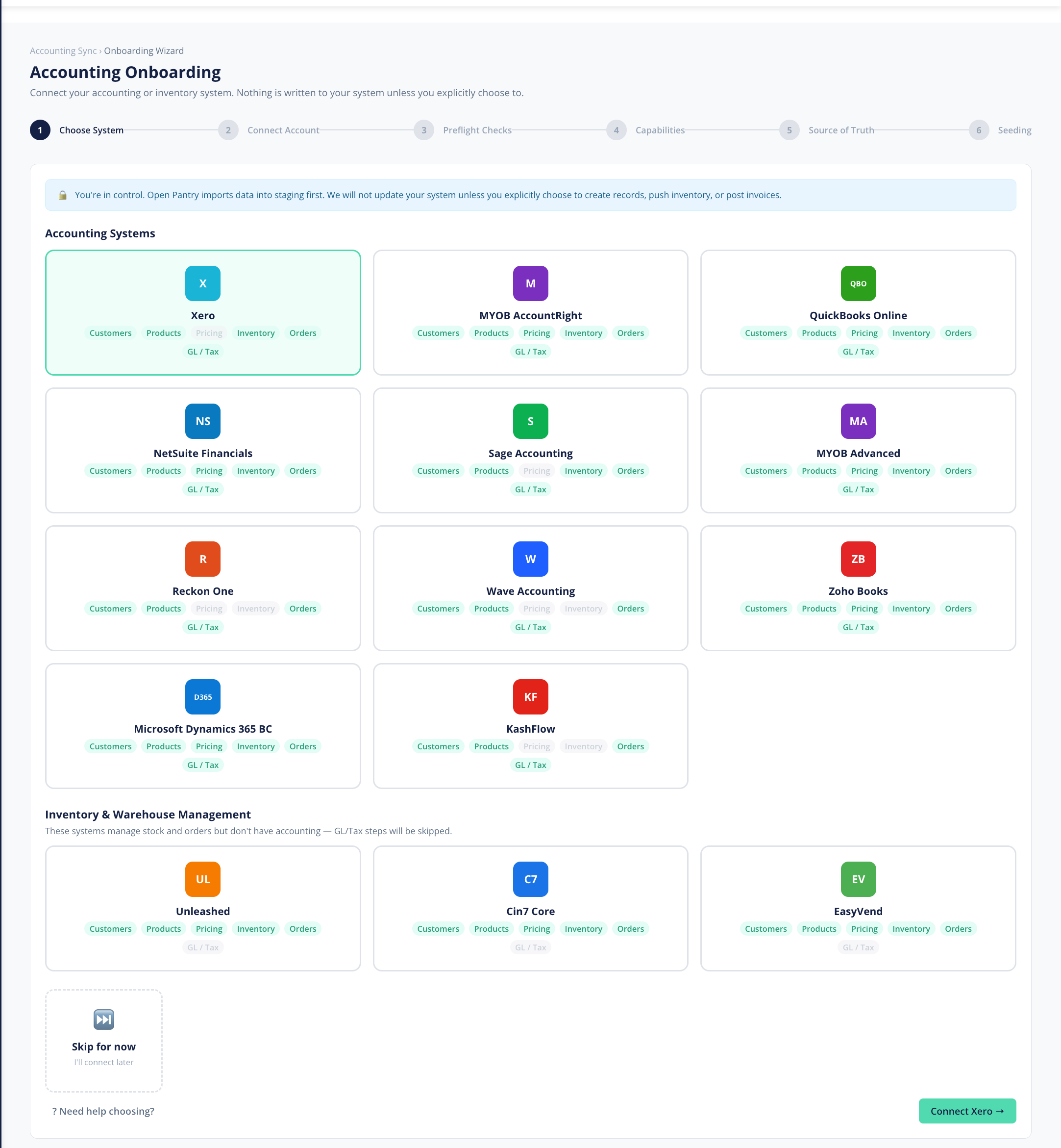 The Accounting Sync screen with connect cards for Xero, QuickBooks, MYOB and Unleashed plus the onboarding wizard