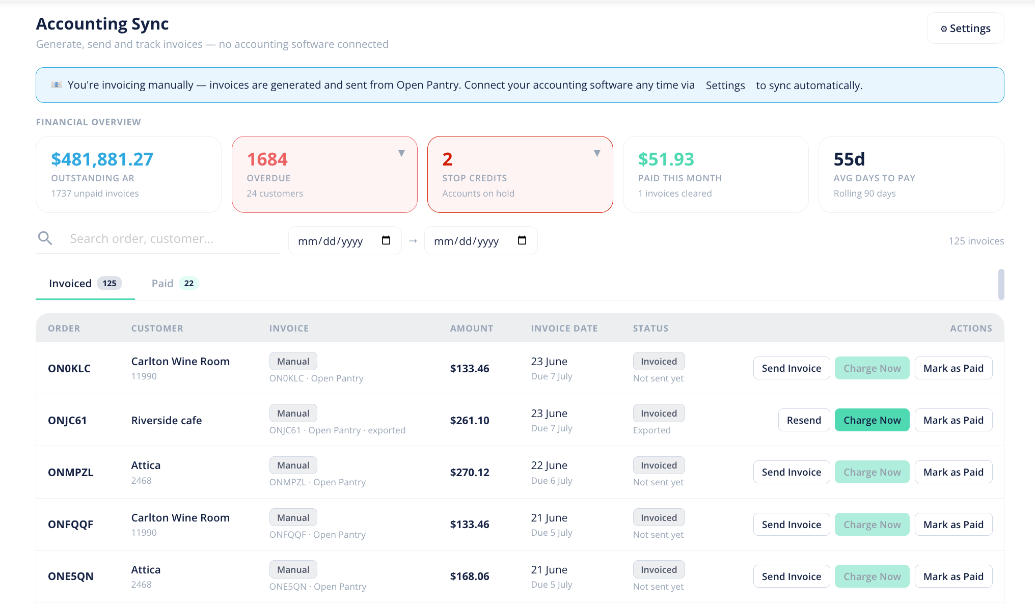 The Accounting Invoices list showing lifecycle status plus Charge now and payment-link actions